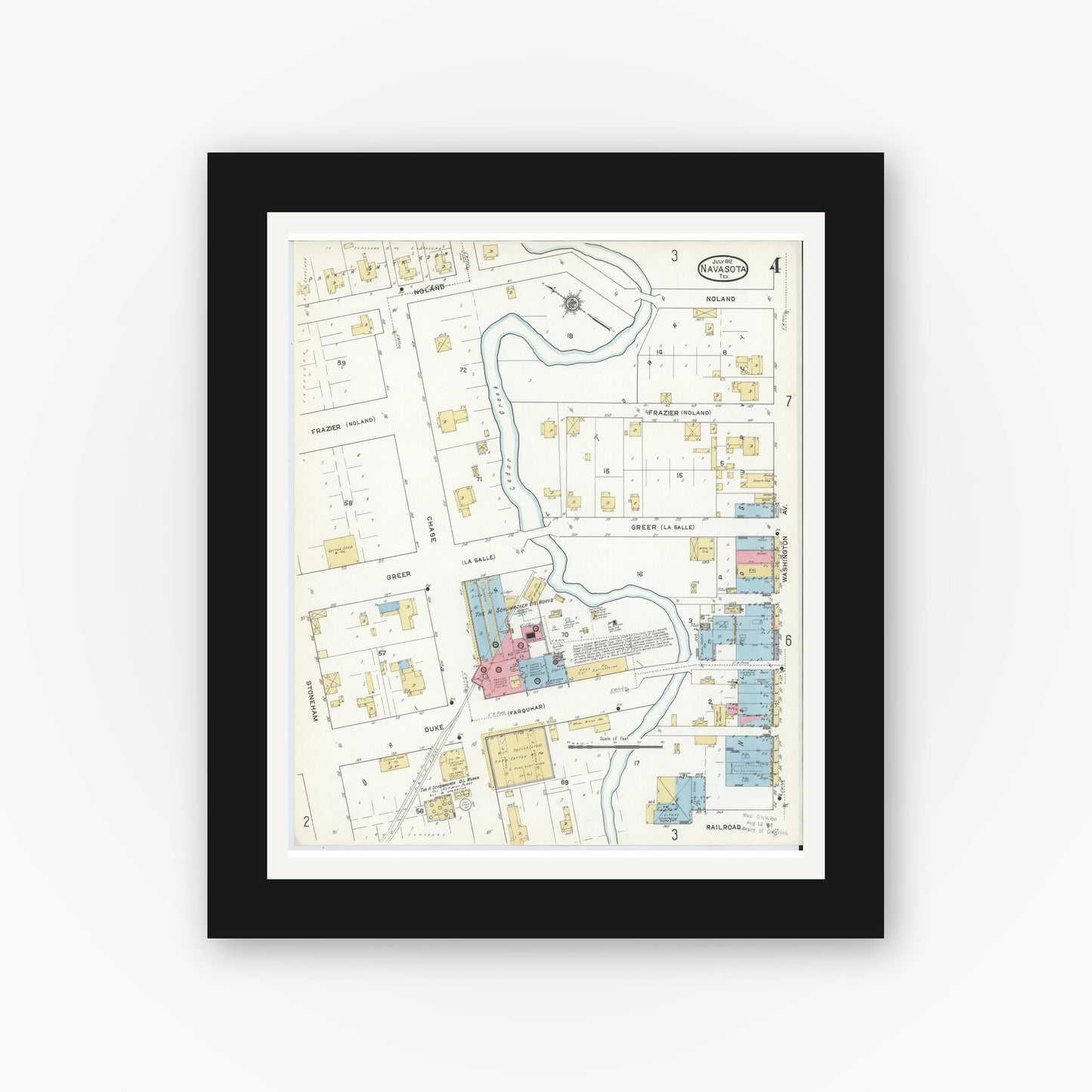Old map wall art mockup — black gallery frame with white mat — Sanborn Fire Insurance Map from Navasota, Grimes County, Texas (1912), Sheet #0004