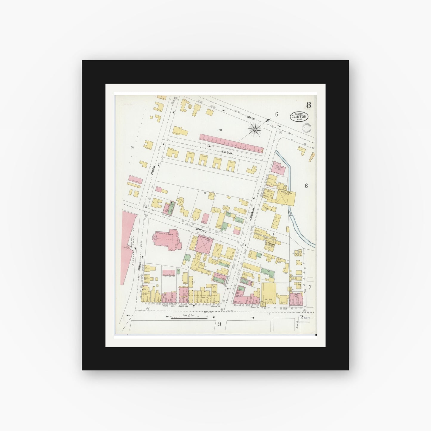 Old map wall art mockup — black gallery frame with white mat — Sanborn Fire Insurance Map from Clinton, Worcester County, Massachusetts (1899), Sheet #0008