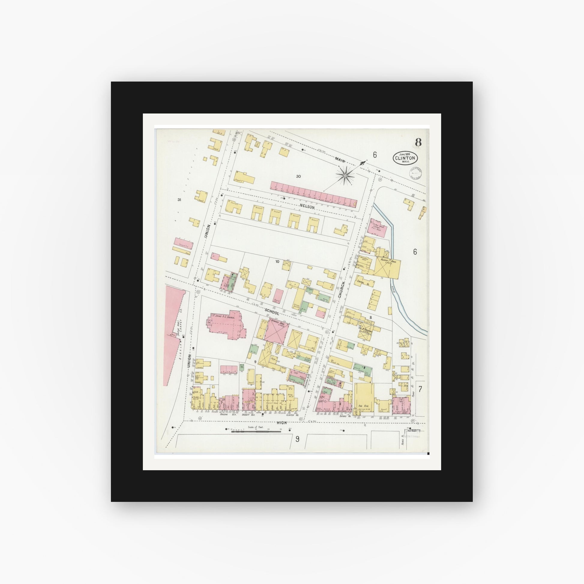 Old map wall art mockup — black gallery frame with white mat — Sanborn Fire Insurance Map from Clinton, Worcester County, Massachusetts (1899), Sheet #0008