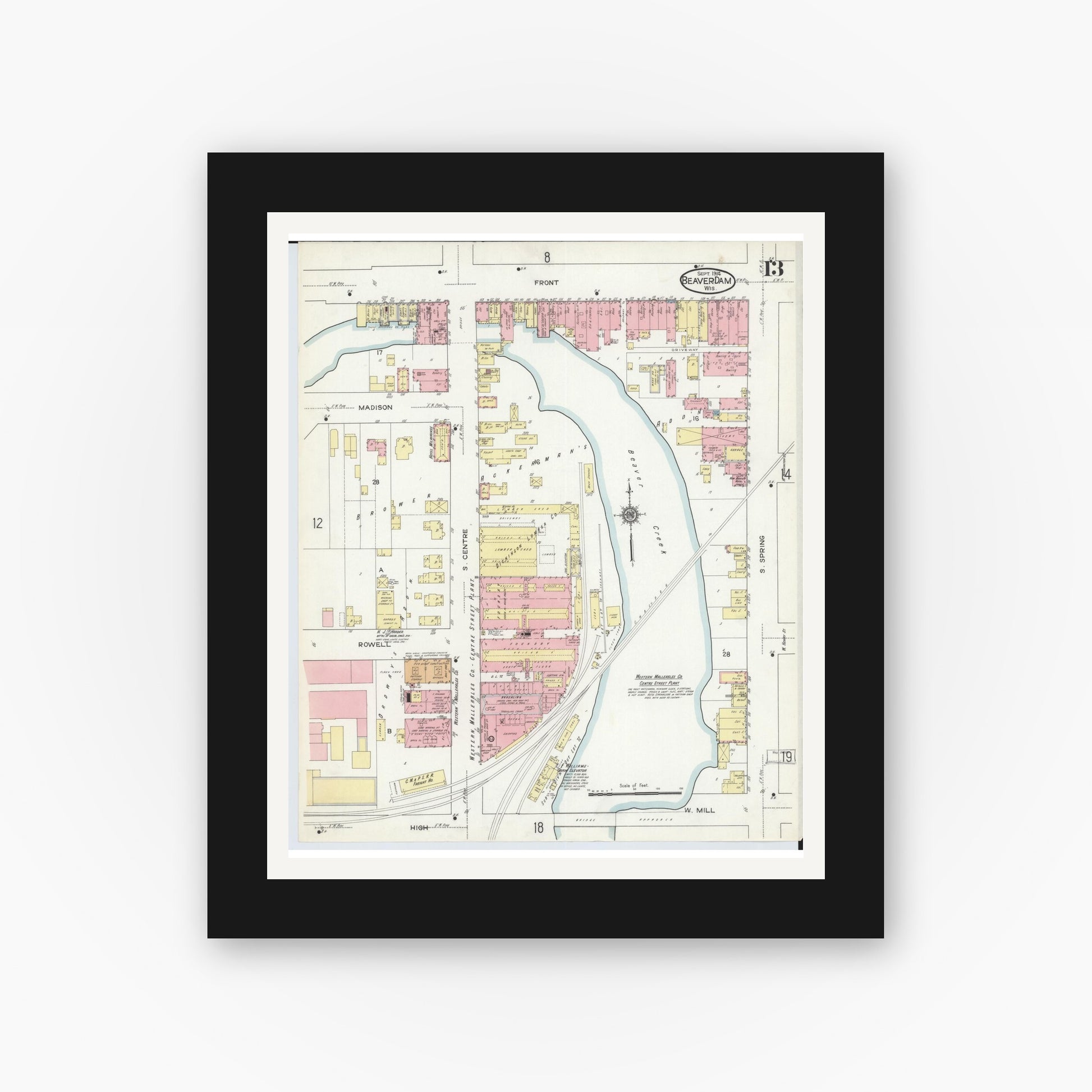 Old map wall art mockup — black gallery frame with white mat — Sanborn Fire Insurance Map from Beaver Dam, Dodge County, Wisconsin (1914), Sheet #0013