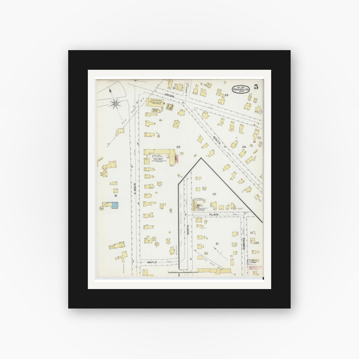 Old map wall art mockup — black gallery frame with white mat — Sanborn Fire Insurance Map from Randolph, Norfolk County, Massachusetts (1892), Sheet #0005