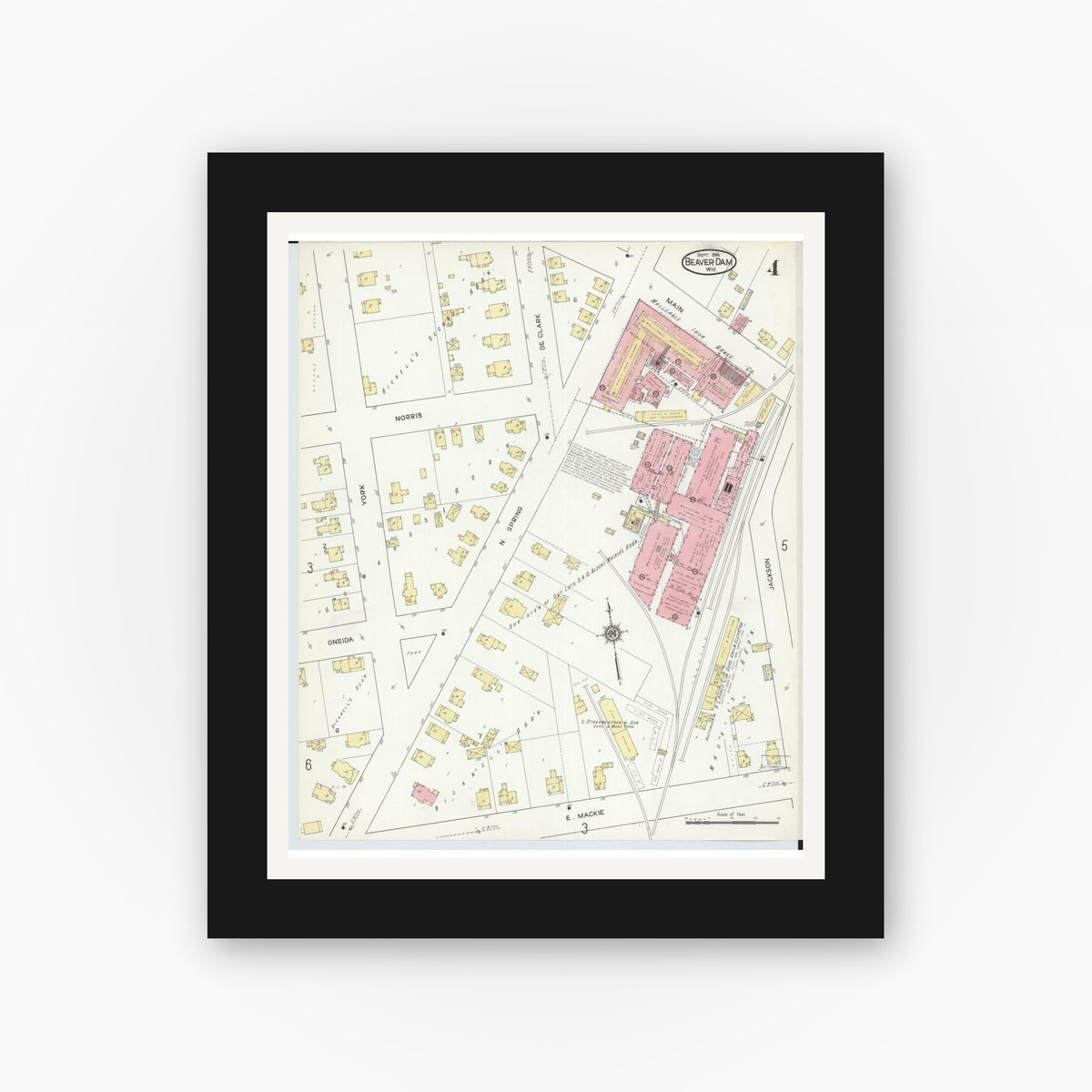 Old map wall art mockup — black gallery frame with white mat — Sanborn Fire Insurance Map from Beaver Dam, Dodge County, Wisconsin (1914), Sheet #0004