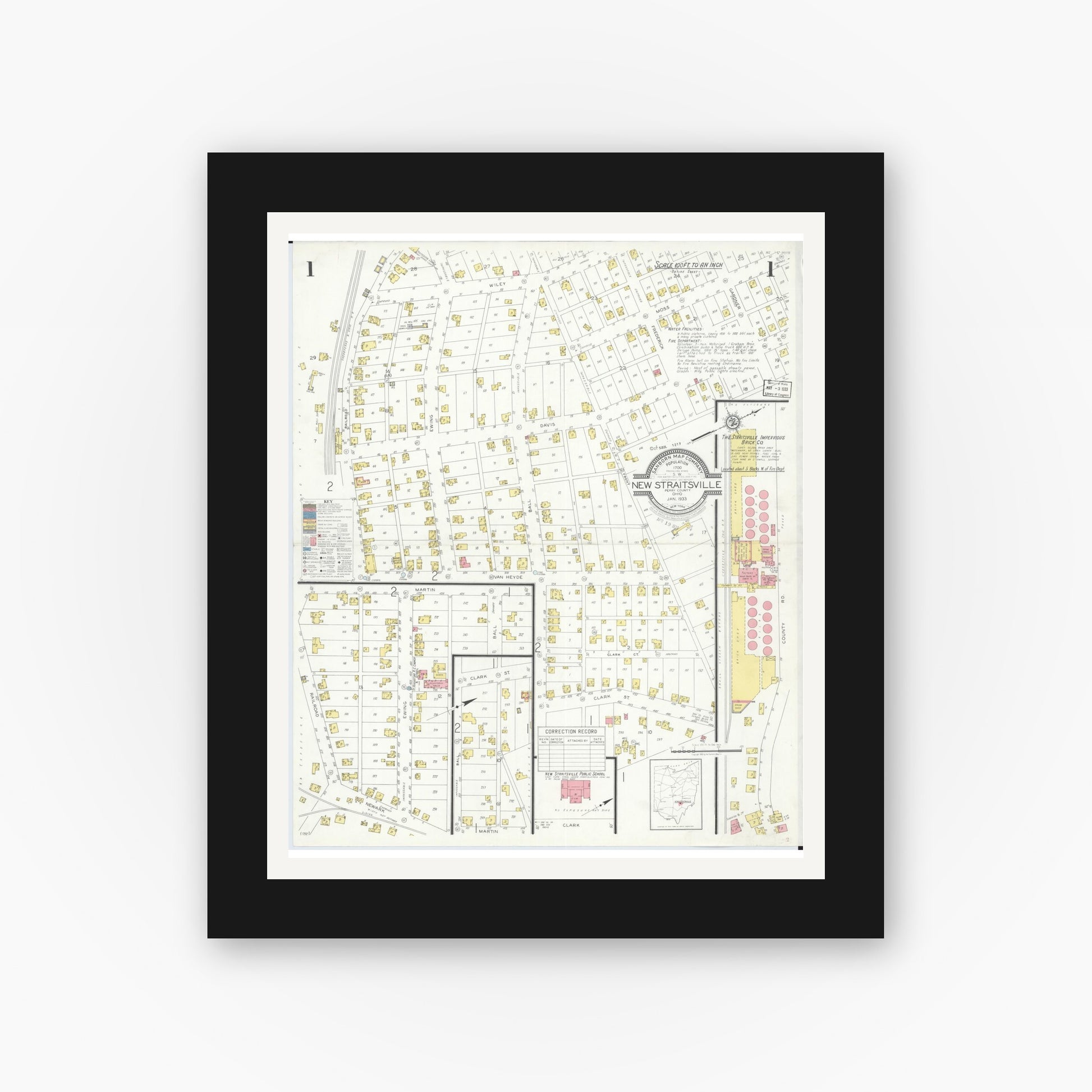 Old map wall art mockup — black gallery frame with white mat — Sanborn Fire Insurance Map from New Straitsville, Perry County, Ohio (1933) - Complete Map Set