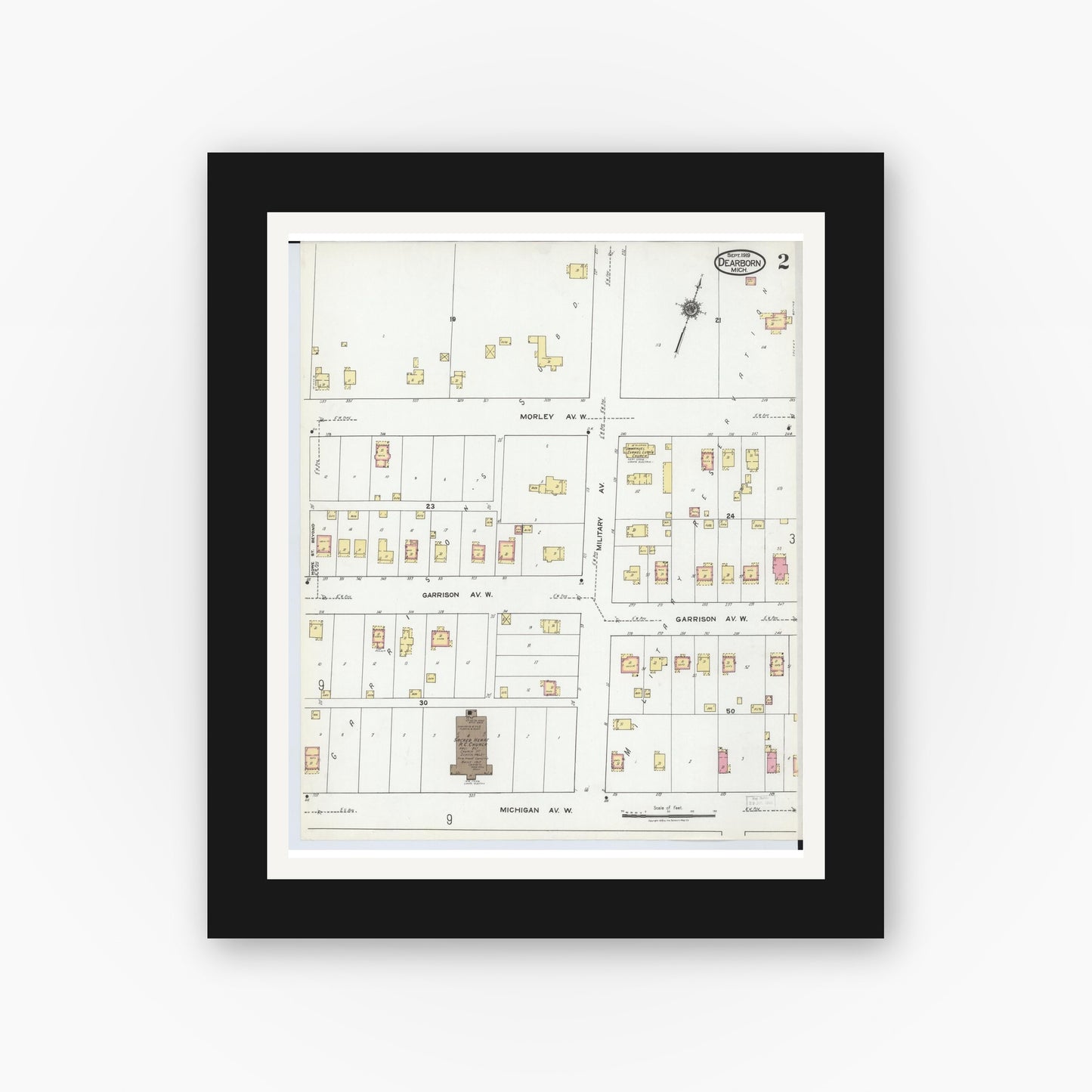Old map wall art mockup — black gallery frame with white mat — Sanborn Fire Insurance Map from Dearborn, Wayne County, Michigan (1919), Sheet #0002