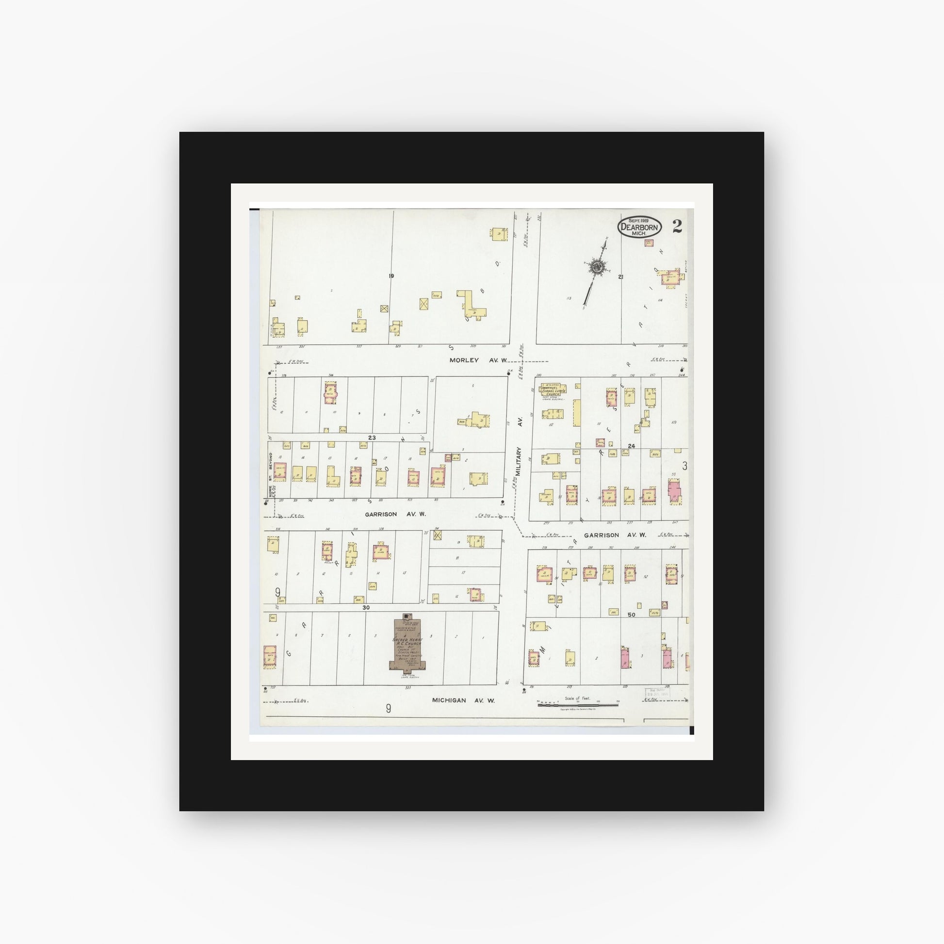 Old map wall art mockup — black gallery frame with white mat — Sanborn Fire Insurance Map from Dearborn, Wayne County, Michigan (1919), Sheet #0002