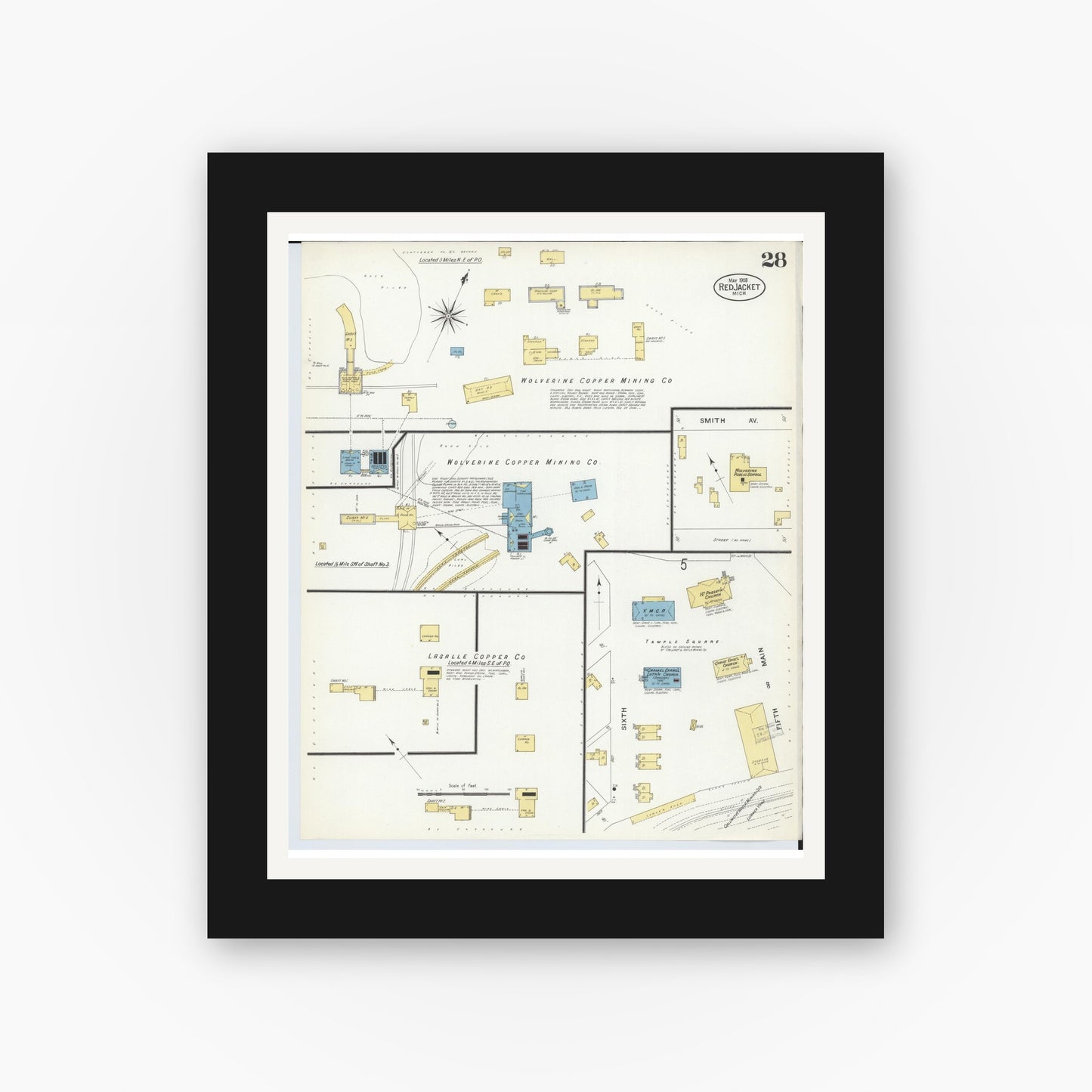 Old map wall art mockup — black gallery frame with white mat — Sanborn Fire Insurance Map from Red Jacket, Houghton County, Michigan (1908), Sheet #0028