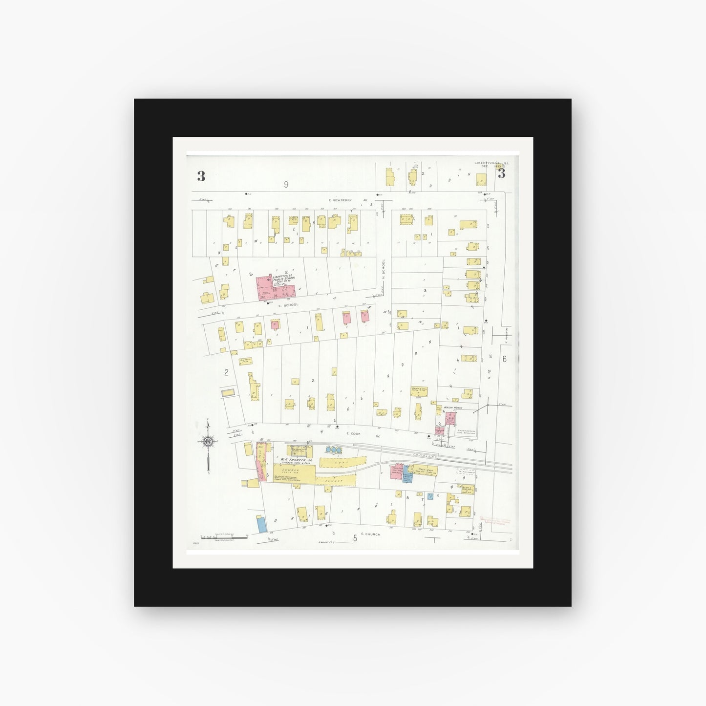Old map wall art mockup — black gallery frame with white mat — Sanborn Fire Insurance Map from Libertyville, Lake County, Illinois (1933), Sheet #0003