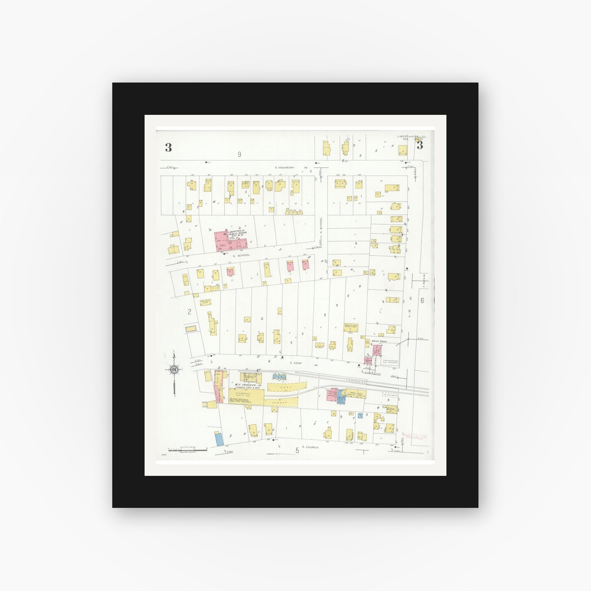 Old map wall art mockup — black gallery frame with white mat — Sanborn Fire Insurance Map from Libertyville, Lake County, Illinois (1933), Sheet #0003