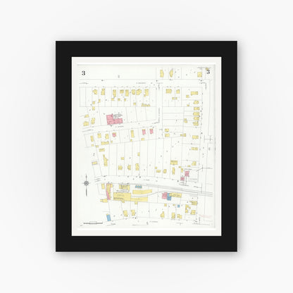 Old map wall art mockup — black gallery frame with white mat — Sanborn Fire Insurance Map from Libertyville, Lake County, Illinois (1933), Sheet #0003