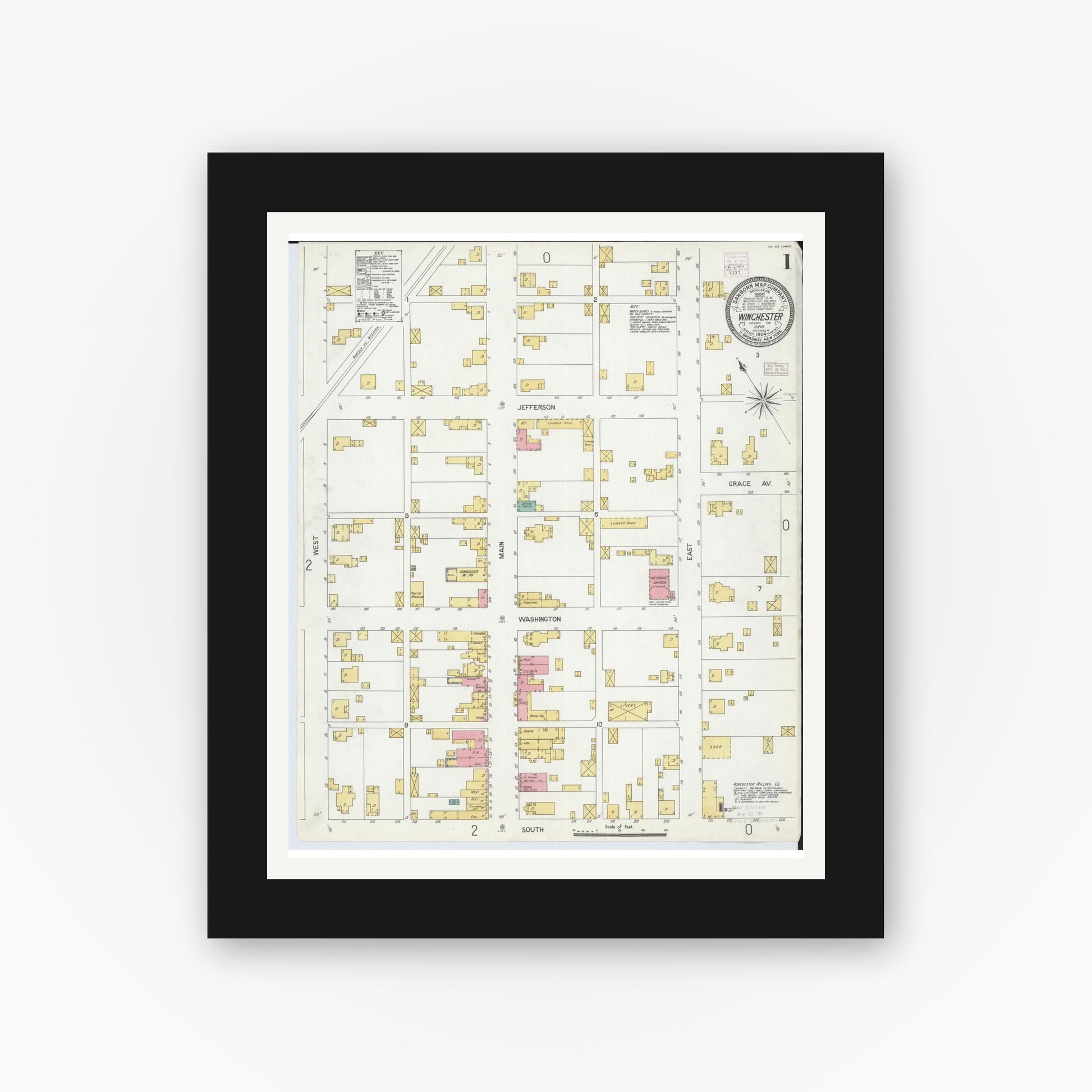 Old map wall art mockup — black gallery frame with white mat — Sanborn Fire Insurance Map from Winchester, Adams County, Ohio (1904), Sheet #0001