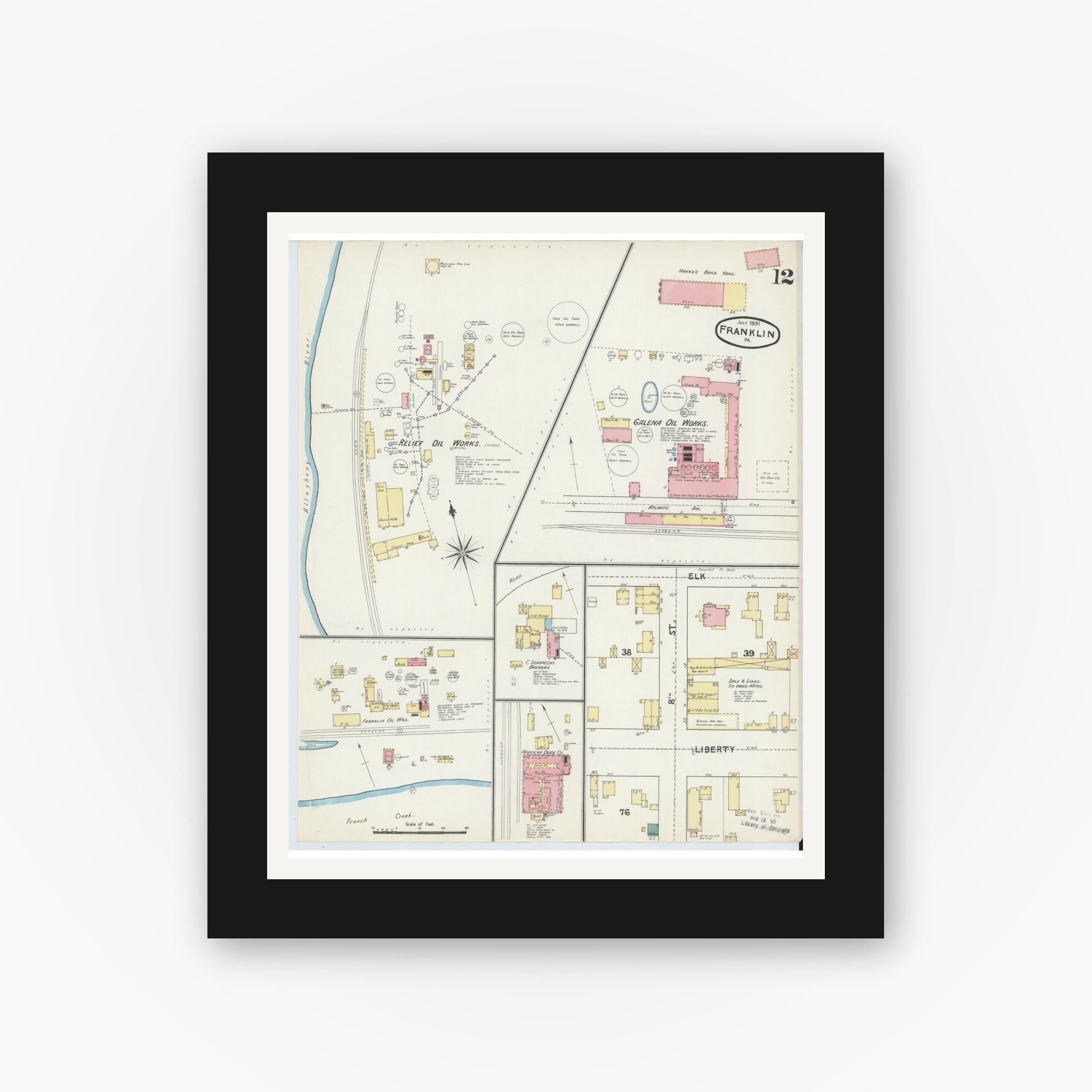Old map wall art mockup — black gallery frame with white mat — Sanborn Fire Insurance Map from Franklin, Venango County, Pennsylvania (1891), Sheet #0012