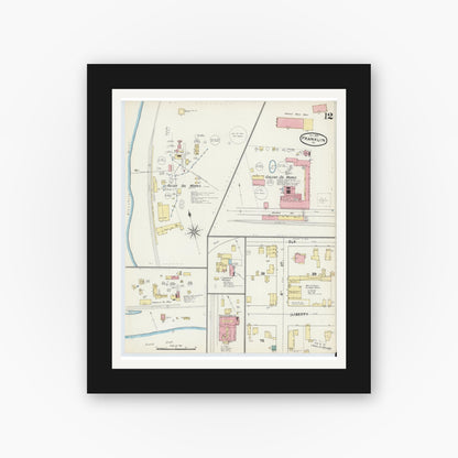 Old map wall art mockup — black gallery frame with white mat — Sanborn Fire Insurance Map from Franklin, Venango County, Pennsylvania (1891), Sheet #0012