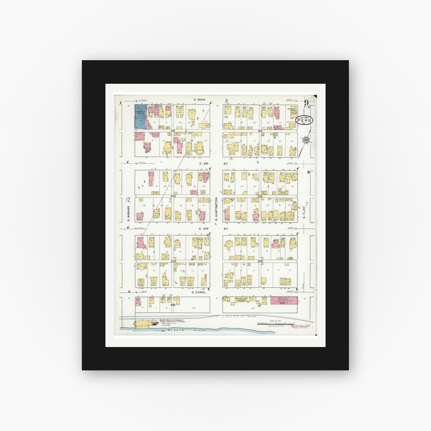 Old map wall art mockup — black gallery frame with white mat — Sanborn Fire Insurance Map from Peru, Miami County, Indiana (1920), Sheet #0009