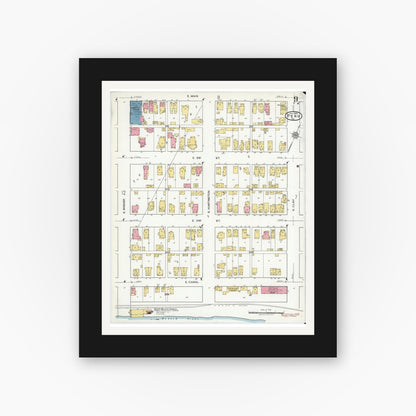 Old map wall art mockup — black gallery frame with white mat — Sanborn Fire Insurance Map from Peru, Miami County, Indiana (1920), Sheet #0009
