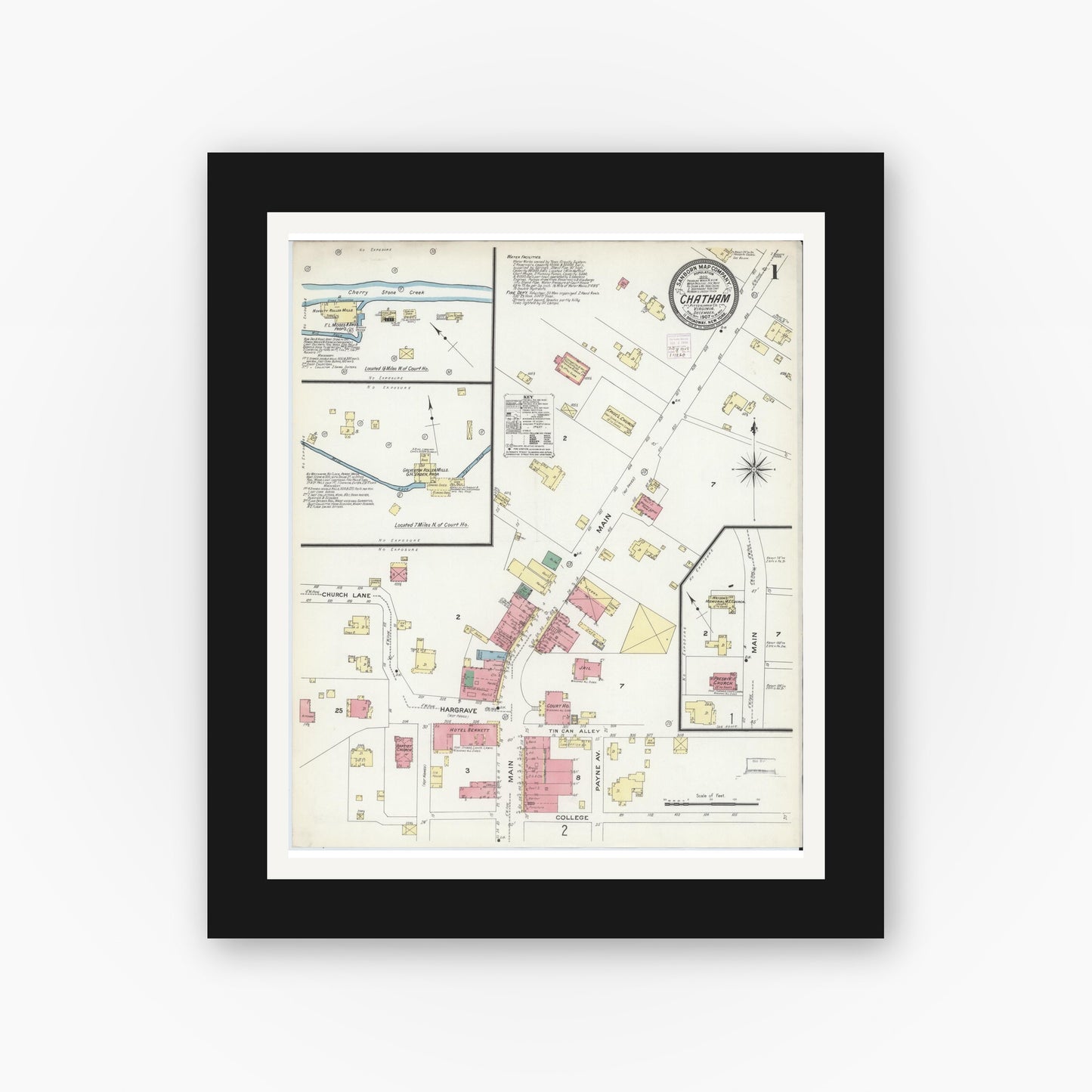 Old map wall art mockup — black gallery frame with white mat — Sanborn Fire Insurance Map from Chatham, Pittsylvania County, Virginia (1907), Sheet #0001