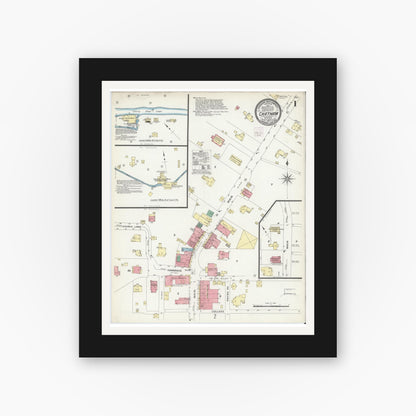 Old map wall art mockup — black gallery frame with white mat — Sanborn Fire Insurance Map from Chatham, Pittsylvania County, Virginia (1907), Sheet #0001