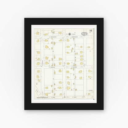 Old map wall art mockup — black gallery frame with white mat — Sanborn Fire Insurance Map from Hillsboro, Hill County, Texas (1911), Sheet #0014