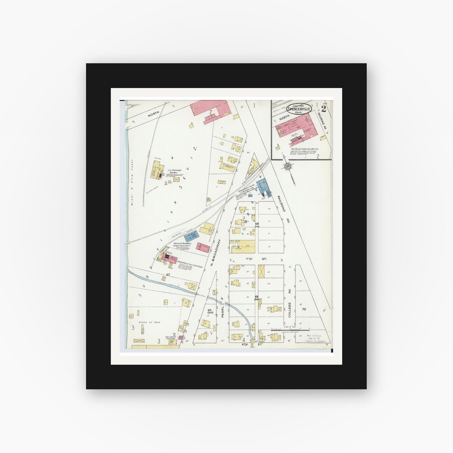Old map wall art mockup — black gallery frame with white mat — Sanborn Fire Insurance Map from Spencerville, Allen County, Ohio (1921), Sheet #0002