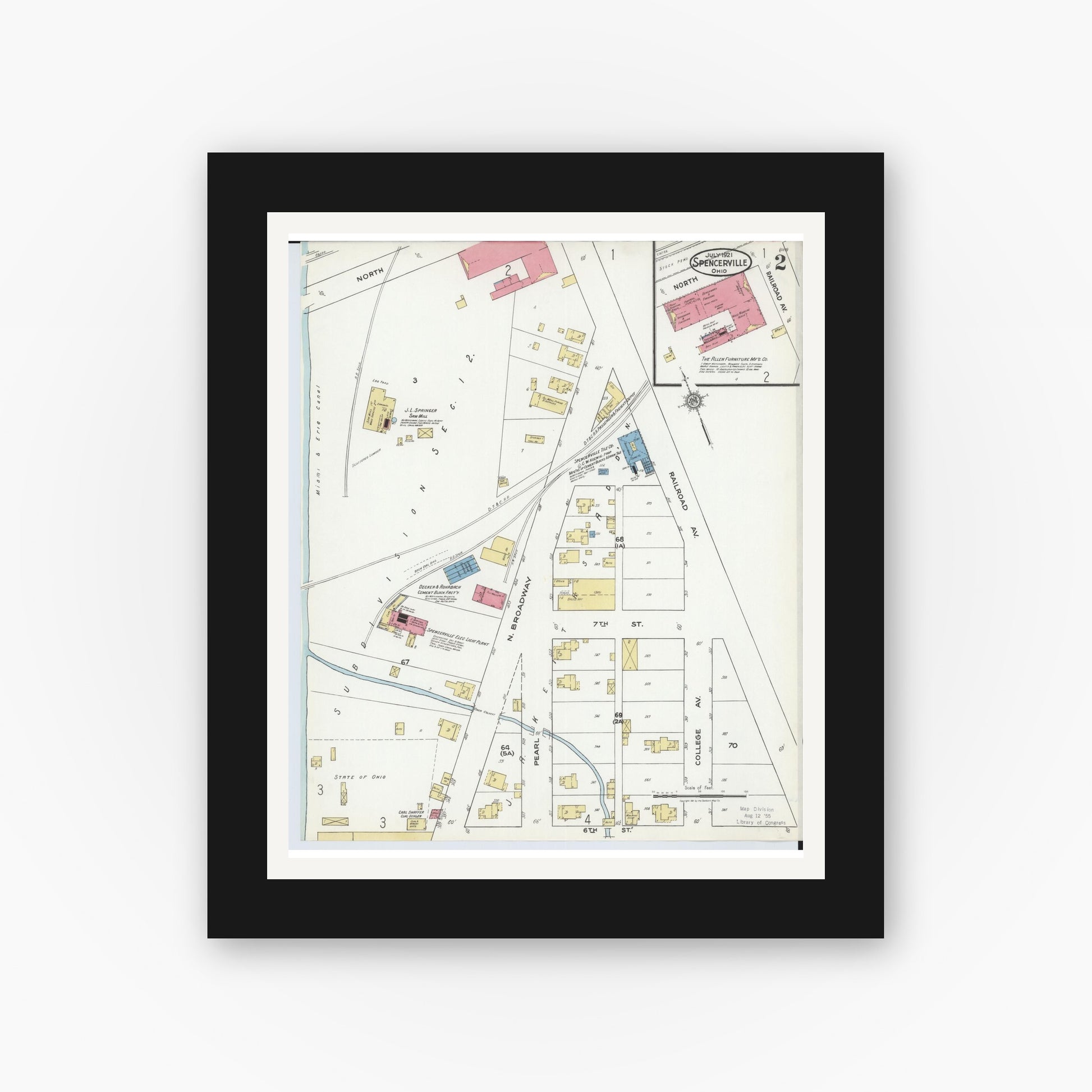 Old map wall art mockup — black gallery frame with white mat — Sanborn Fire Insurance Map from Spencerville, Allen County, Ohio (1921), Sheet #0002