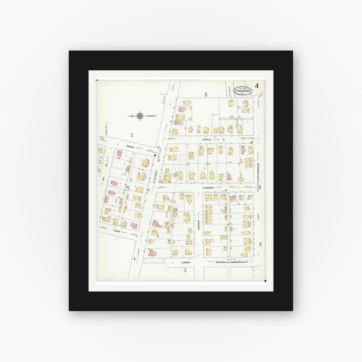 Old map wall art mockup — black gallery frame with white mat — Sanborn Fire Insurance Map from Freeport, Stephenson County, Illinois (1910), Sheet #0004