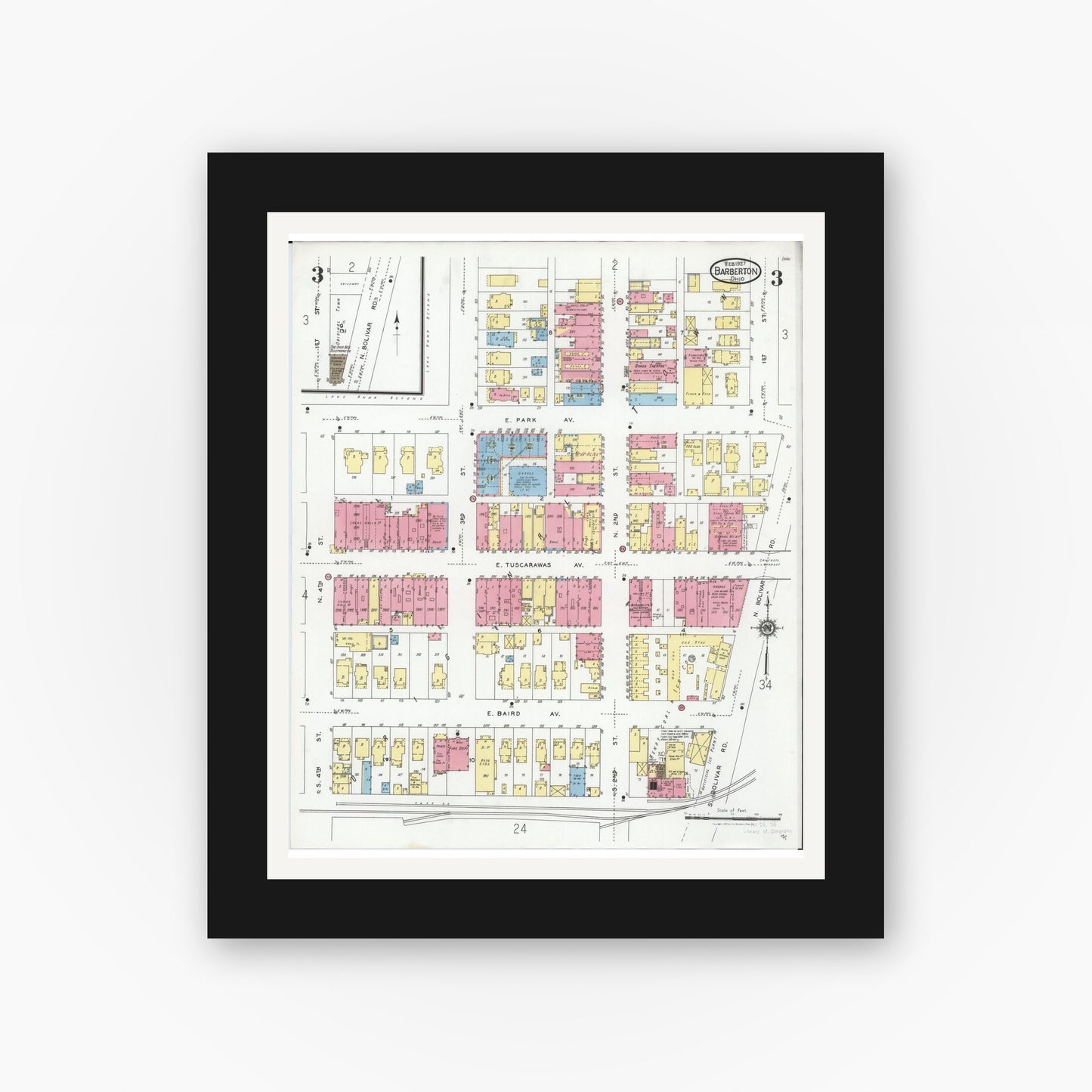 Old map wall art mockup — black gallery frame with white mat — Sanborn Fire Insurance Map from Barberton, Summit County, Ohio (1927), Sheet #0003