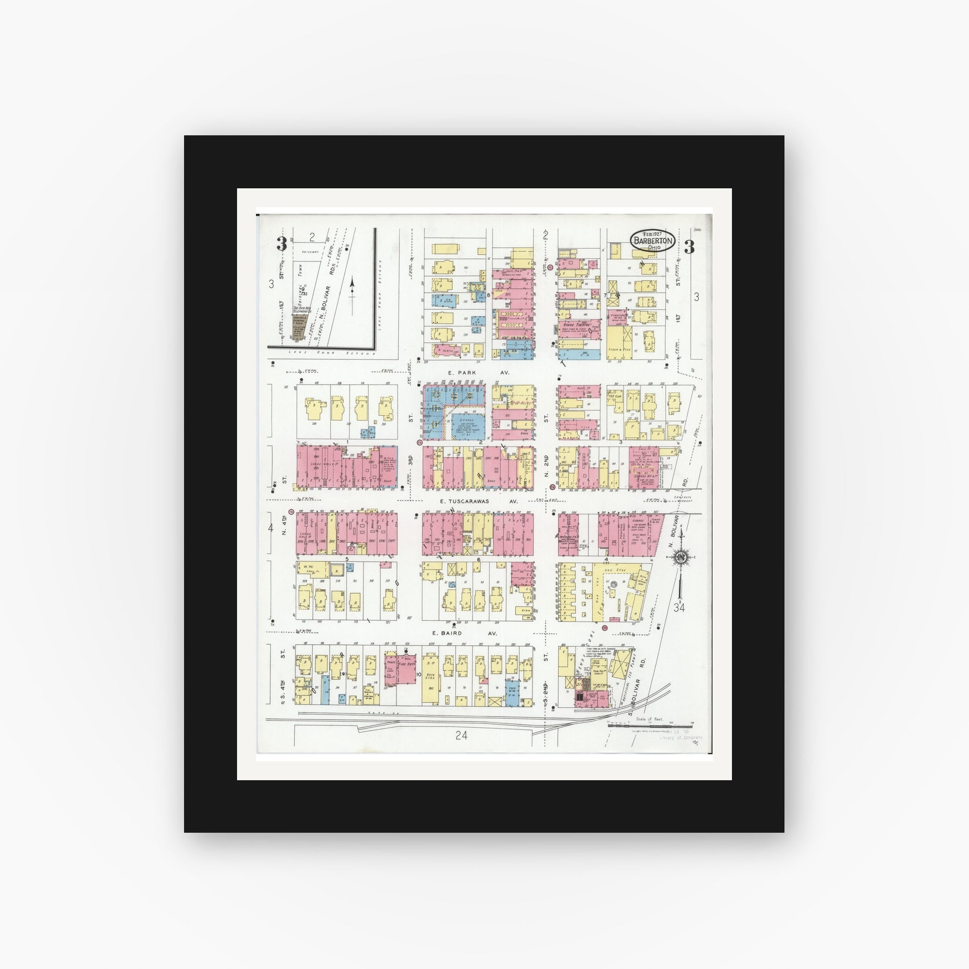 Old map wall art mockup — black gallery frame with white mat — Sanborn Fire Insurance Map from Barberton, Summit County, Ohio (1927), Sheet #0003