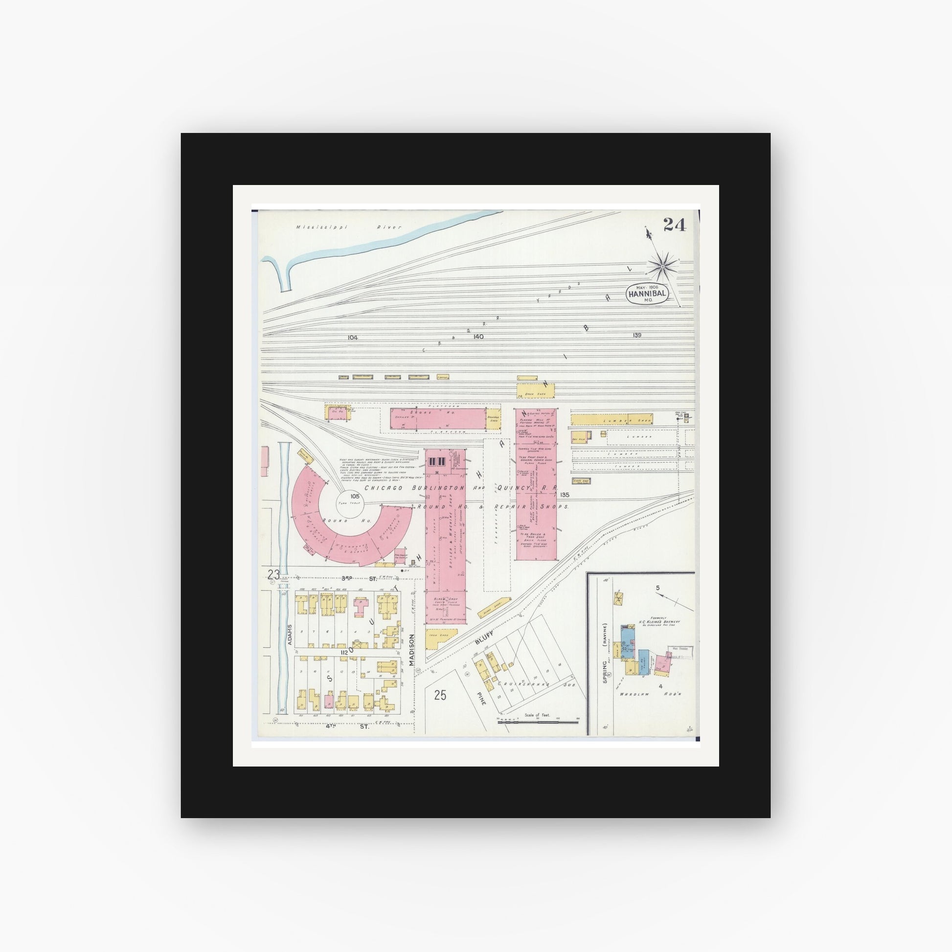 Old map wall art mockup — black gallery frame with white mat — Sanborn Fire Insurance Map from Hannibal, Marion County, Missouri (1906), Sheet #0024