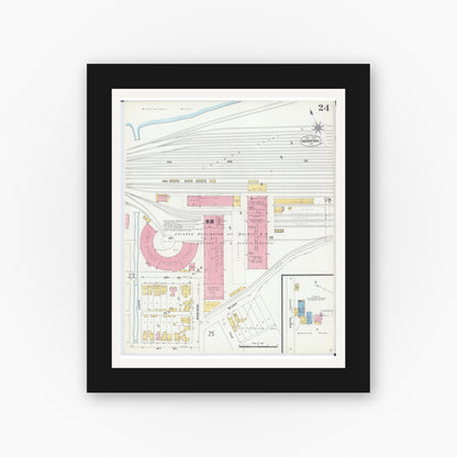 Old map wall art mockup — black gallery frame with white mat — Sanborn Fire Insurance Map from Hannibal, Marion County, Missouri (1906), Sheet #0024