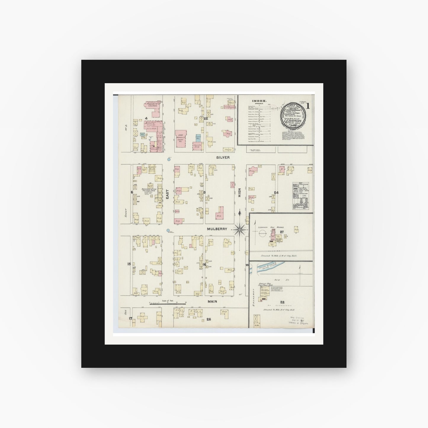 Old map wall art mockup — black gallery frame with white mat — Sanborn Fire Insurance Map from Lebanon, Warren County, Ohio (1890), Sheet #0001
