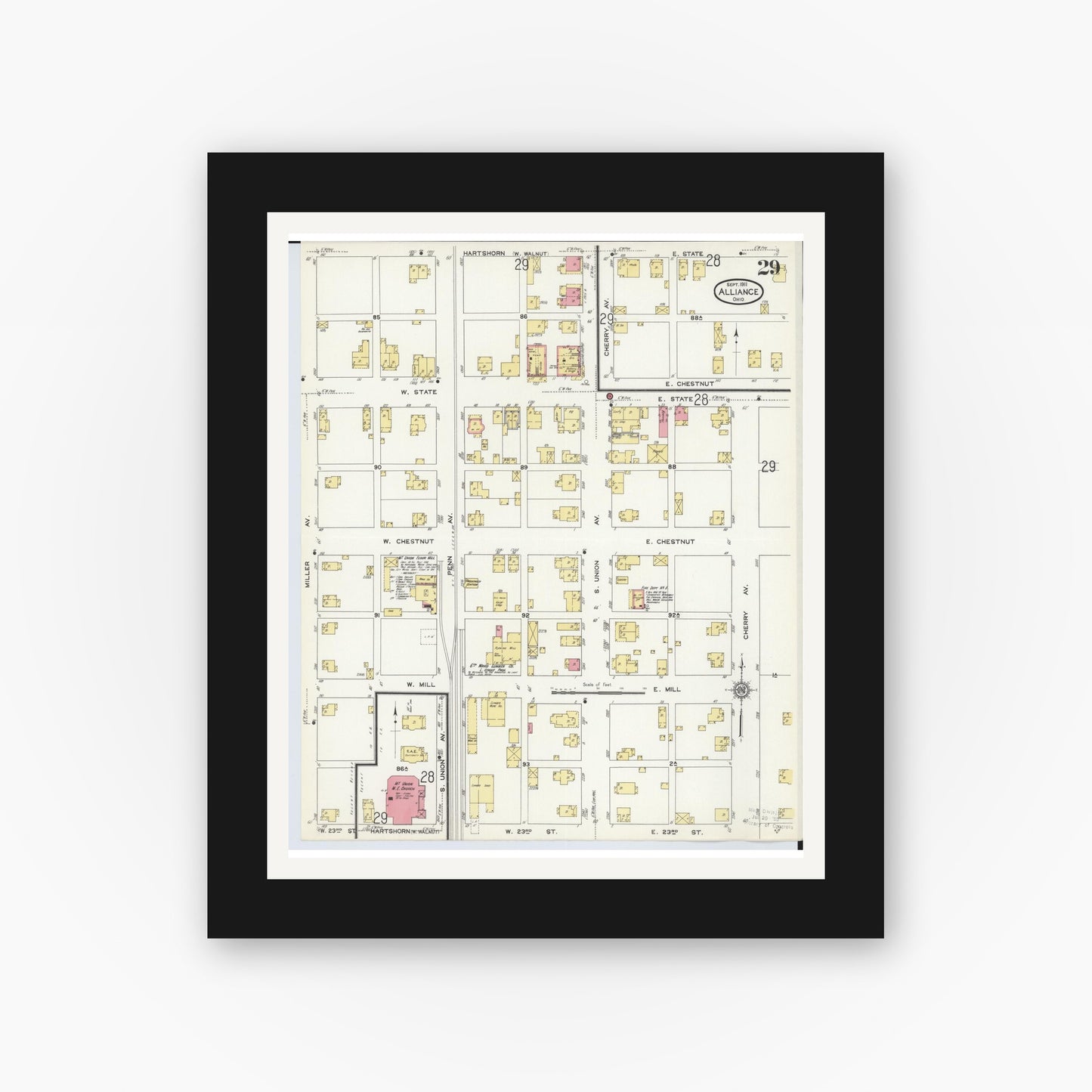 Old map wall art mockup — black gallery frame with white mat — Sanborn Fire Insurance Map from Alliance, Stark County, Ohio (1911), Sheet #0029