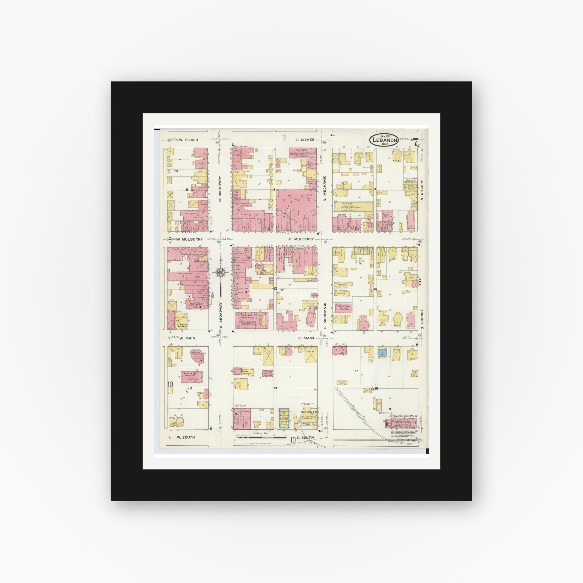 Old map wall art mockup — black gallery frame with white mat — Sanborn Fire Insurance Map from Lebanon, Warren County, Ohio (1917), Sheet #0007