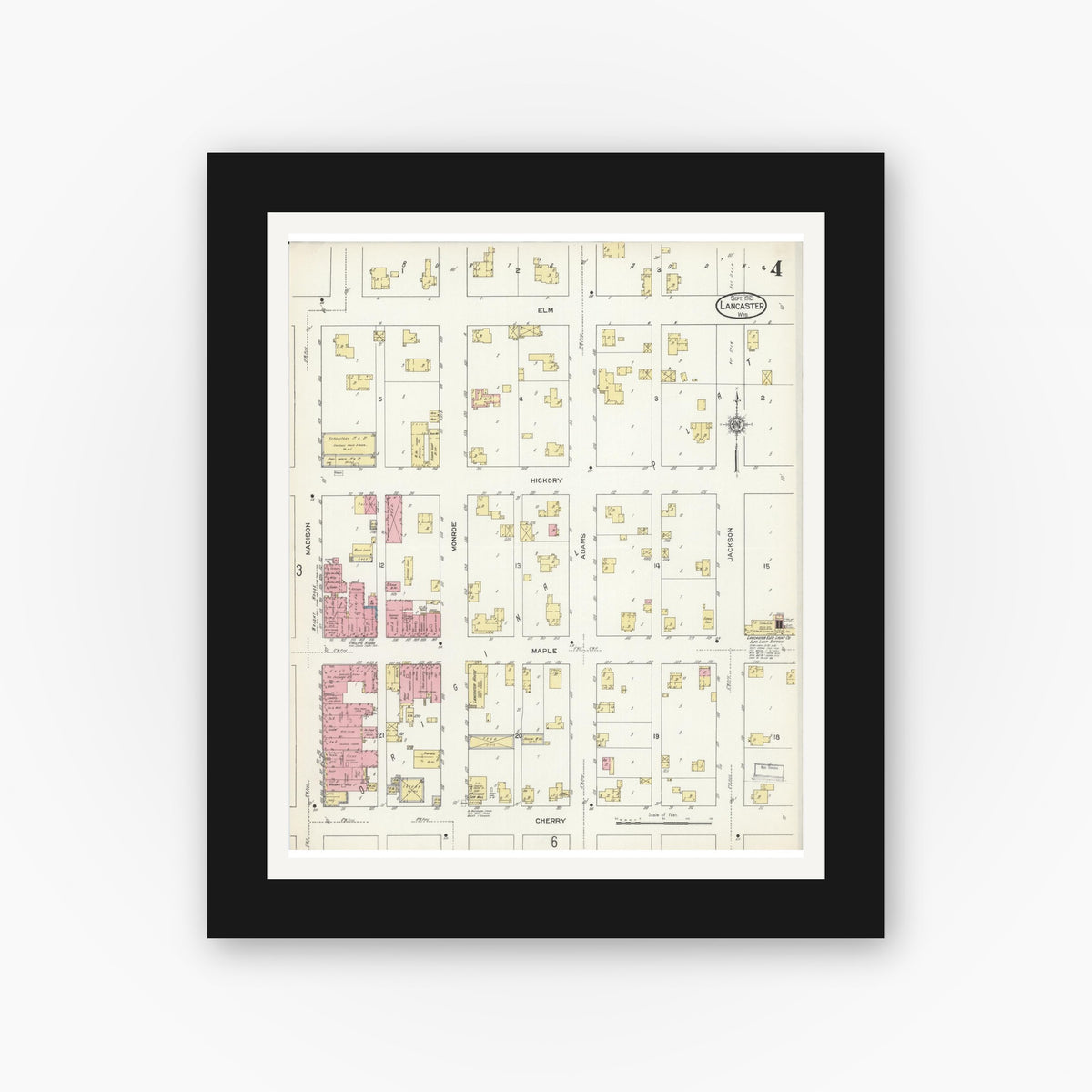 Old map wall art mockup — black gallery frame with white mat — Sanborn Fire Insurance Map from Lancaster, Grant County, Wisconsin (1912), Sheet #0004