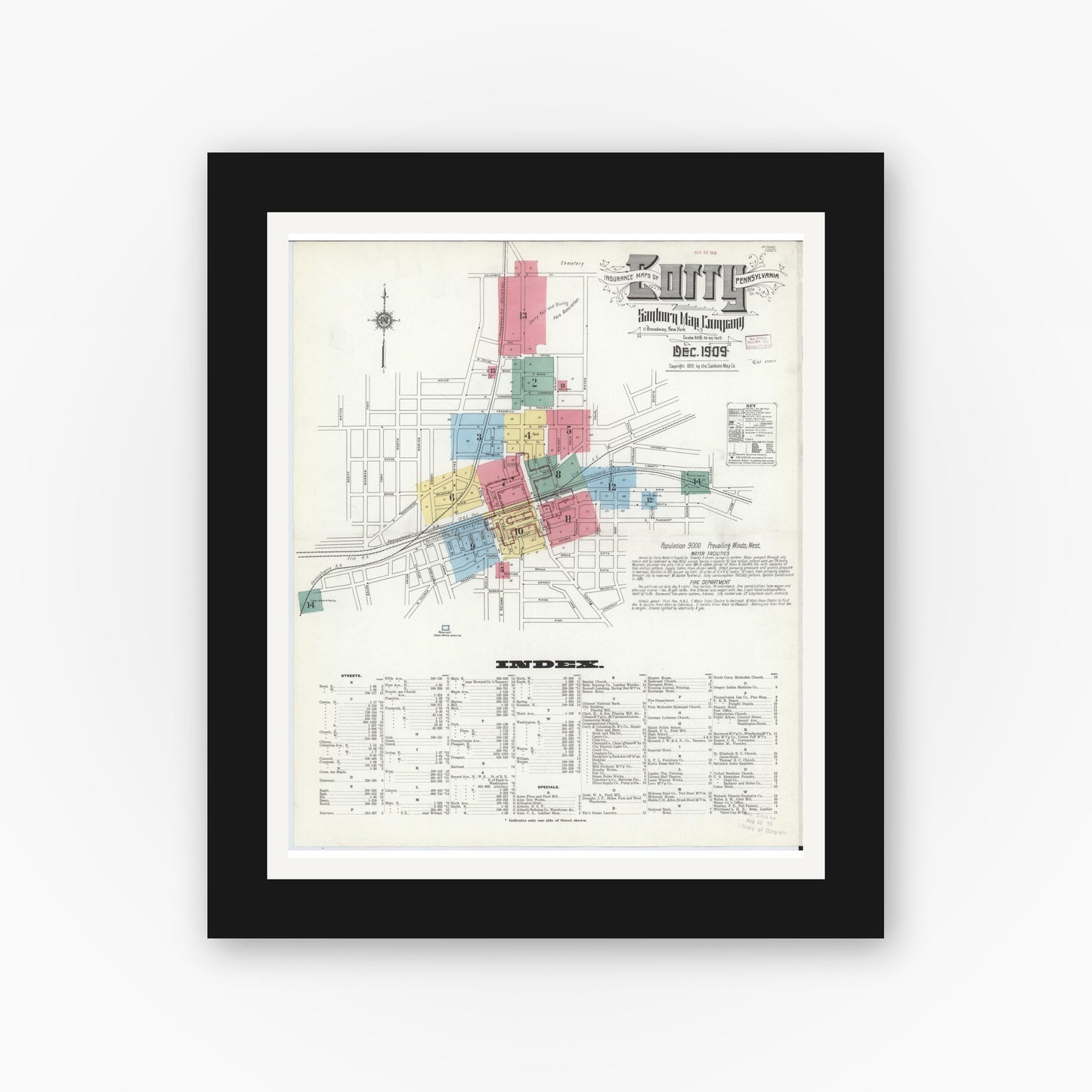 Old map wall art mockup — black gallery frame with white mat — Sanborn Fire Insurance Map from Corry, Erie County, Pennsylvania (1909) - Complete Map Set
