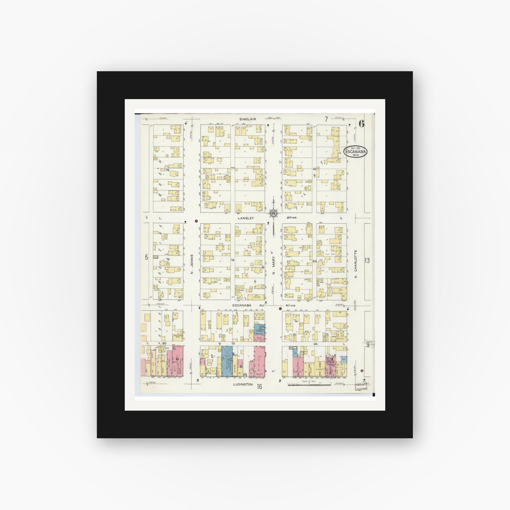 Old map wall art mockup — black gallery frame with white mat — Sanborn Fire Insurance Map from Escanaba, Delta County, Michigan (1913), Sheet #0006