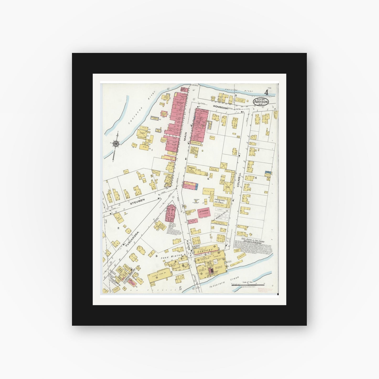 Old map wall art mockup — black gallery frame with white mat — Sanborn Fire Insurance Map from Addison, Steuben County, New York (1921), Sheet #0004