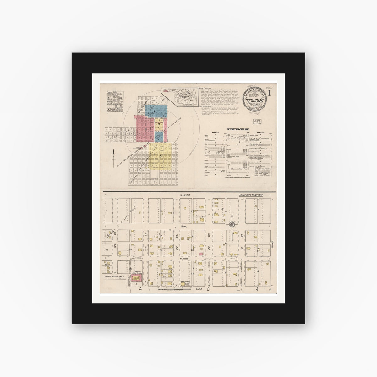 Old map wall art mockup — black gallery frame with white mat — Sanborn Fire Insurance Map from Texhoma, Texas County, Oklahoma and Sherman County, Texas, Texas (1922), Sheet #0001