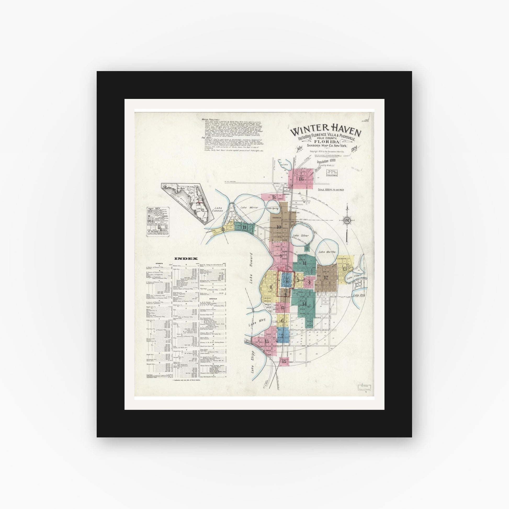 Old map wall art mockup — black gallery frame with white mat — Sanborn Fire Insurance Map from Winter Haven, Polk County, Florida (1924) - Complete Map Set