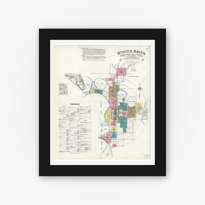 Old map wall art mockup — black gallery frame with white mat — Sanborn Fire Insurance Map from Winter Haven, Polk County, Florida (1924) - Complete Map Set