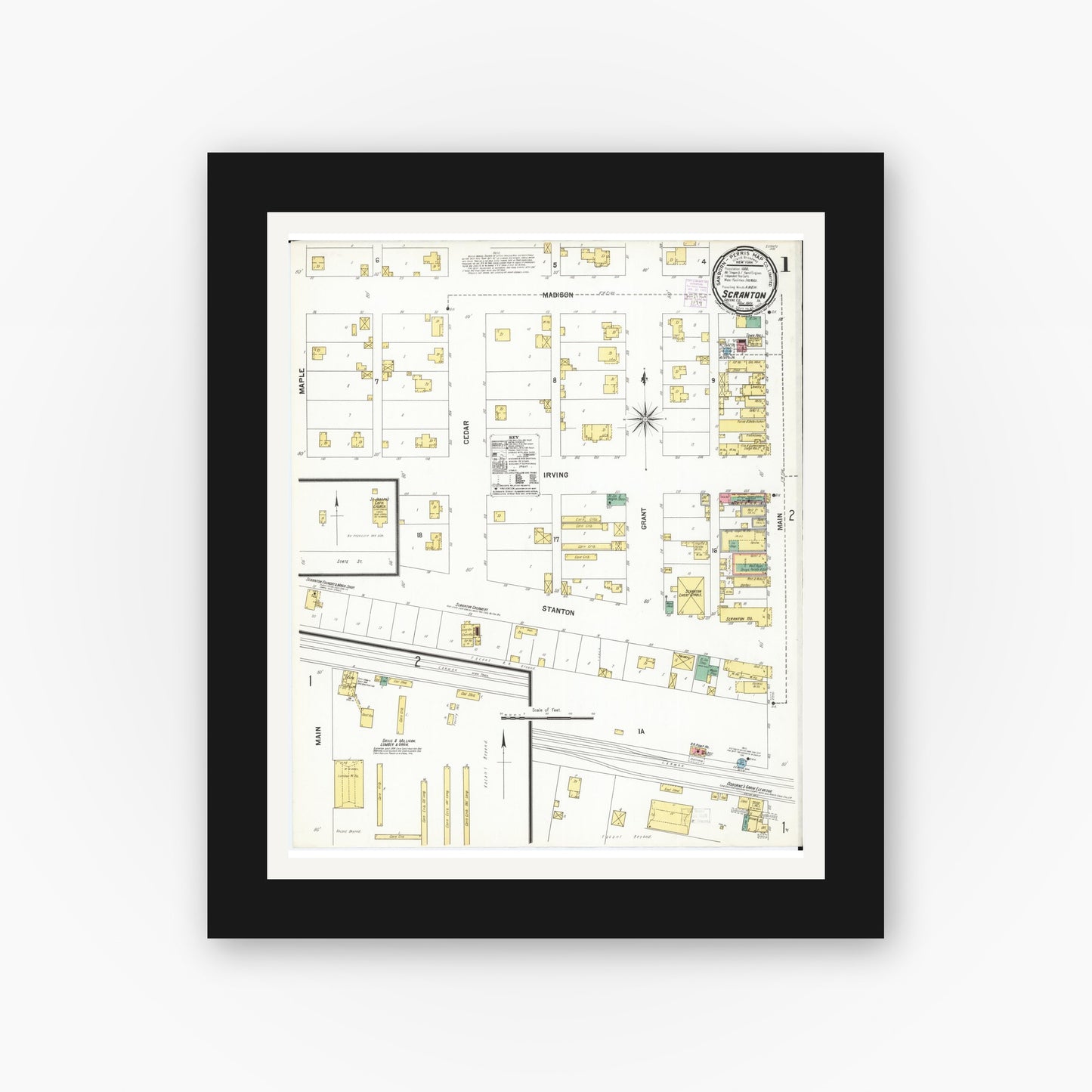 Old map wall art mockup — black gallery frame with white mat — Sanborn Fire Insurance Map from Scranton, Greene County, Iowa (1901), Sheet #0001