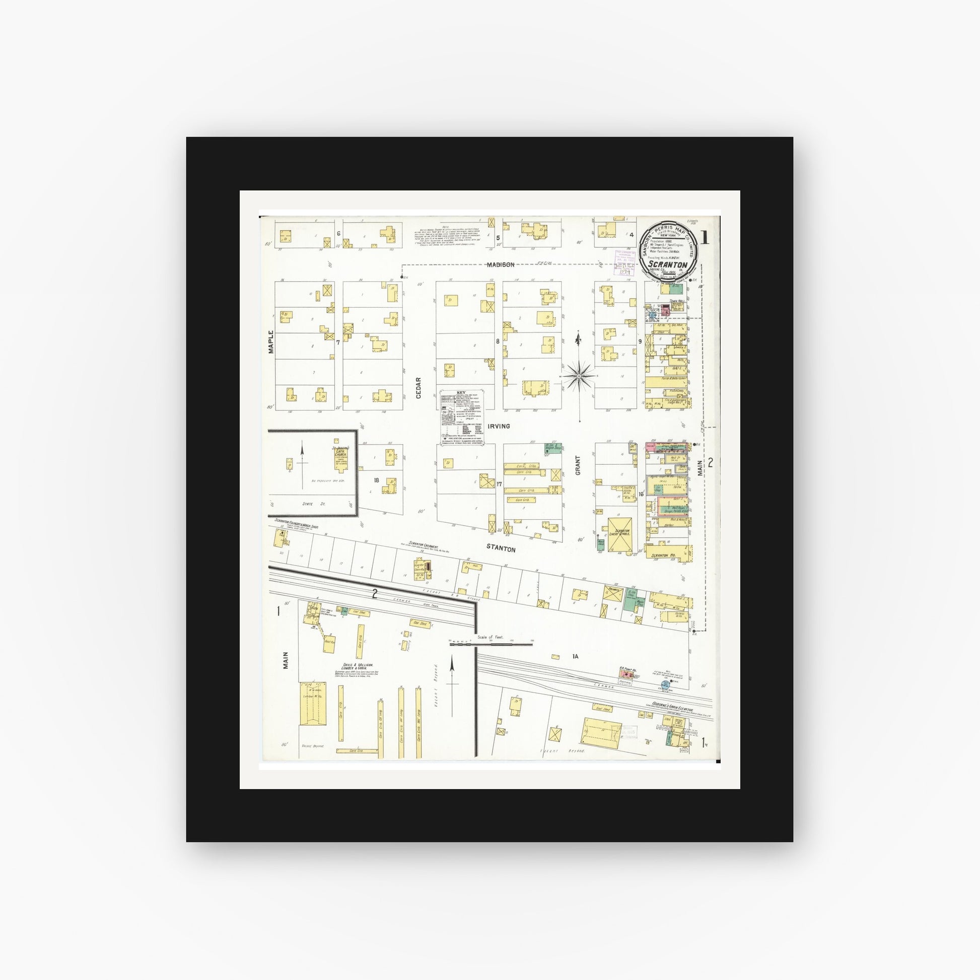 Old map wall art mockup — black gallery frame with white mat — Sanborn Fire Insurance Map from Scranton, Greene County, Iowa (1901), Sheet #0001