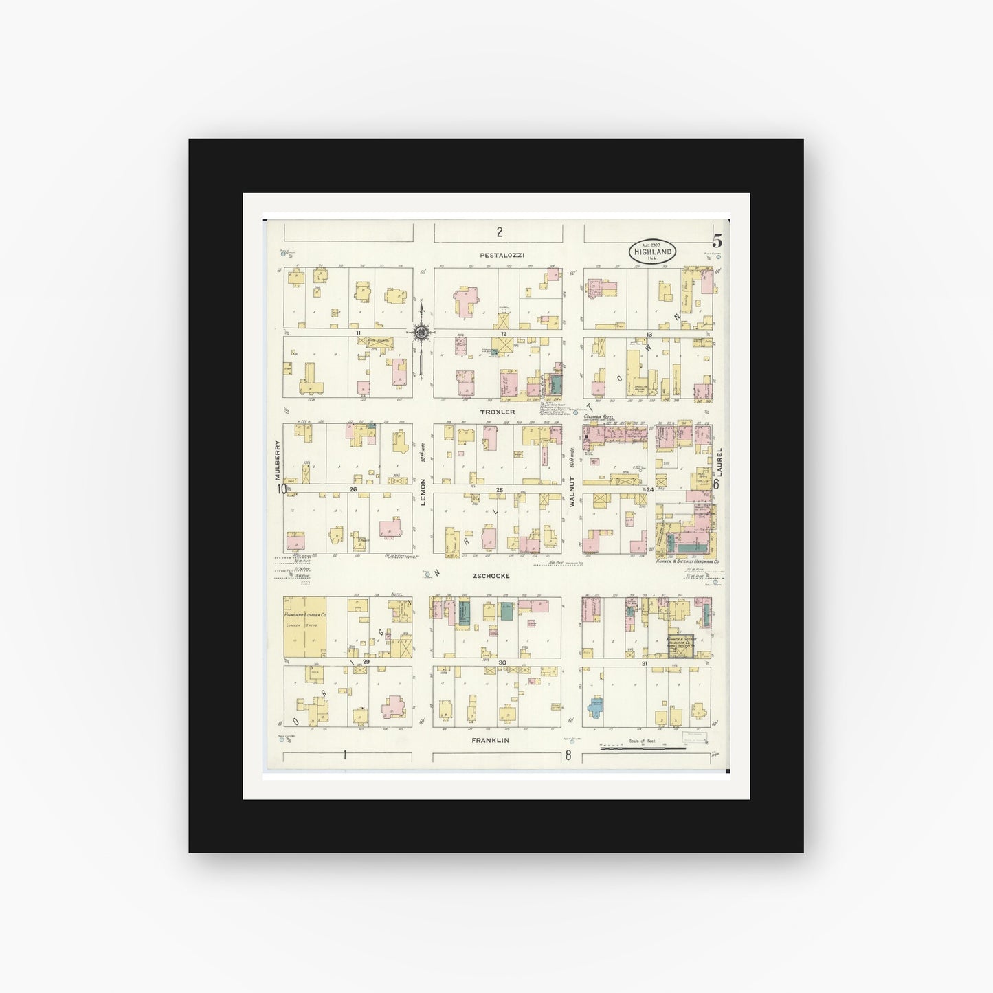Old map wall art mockup — black gallery frame with white mat — Sanborn Fire Insurance Map from Highland, Madison County, Illinois (1908), Sheet #0005