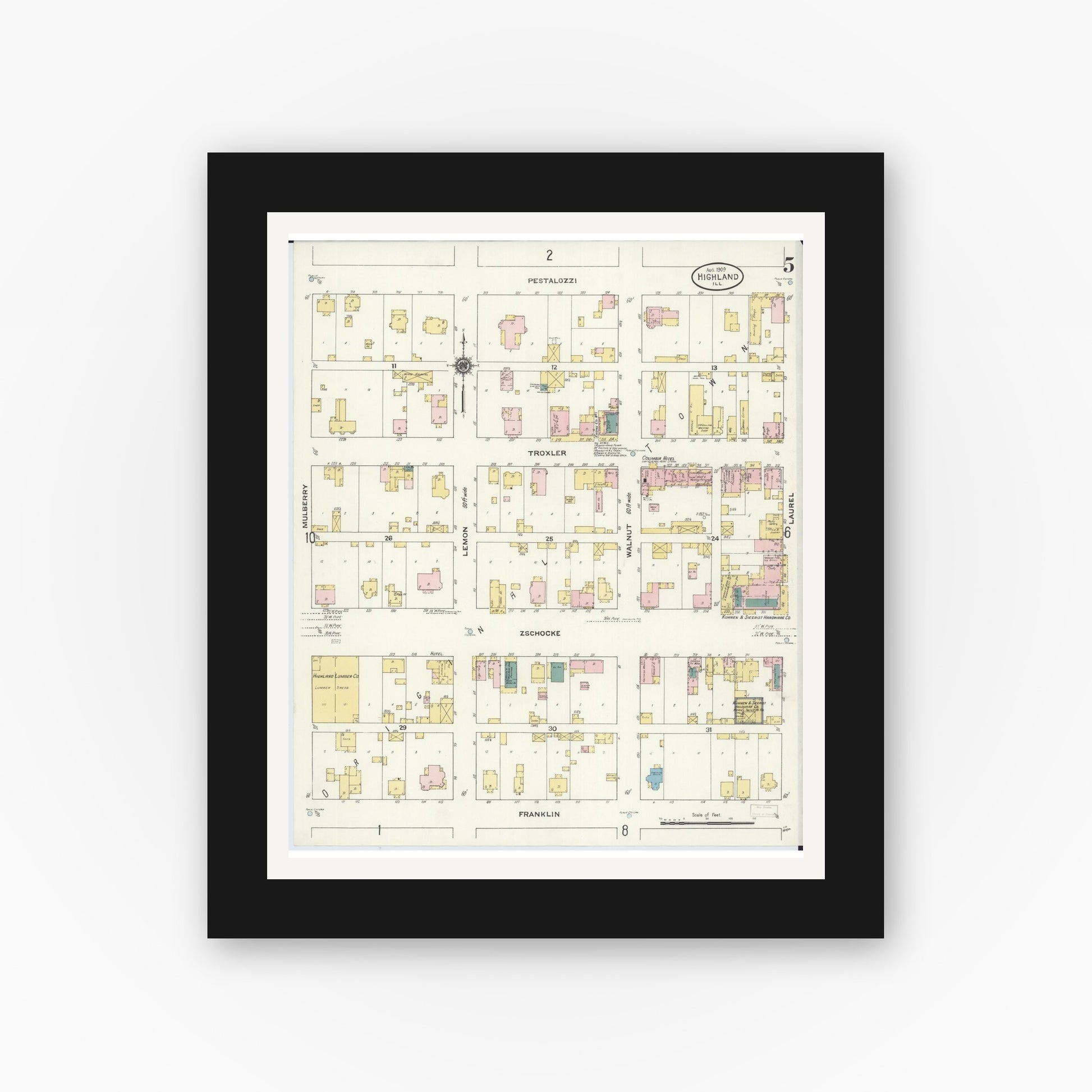 Old map wall art mockup — black gallery frame with white mat — Sanborn Fire Insurance Map from Highland, Madison County, Illinois (1908), Sheet #0005