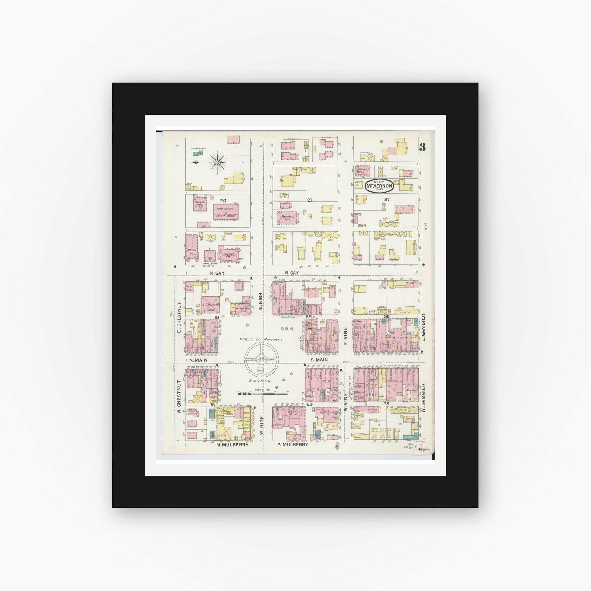Old map wall art mockup — black gallery frame with white mat — Sanborn Fire Insurance Map from Mount Vernon, Knox County, Ohio (1892), Sheet #0003