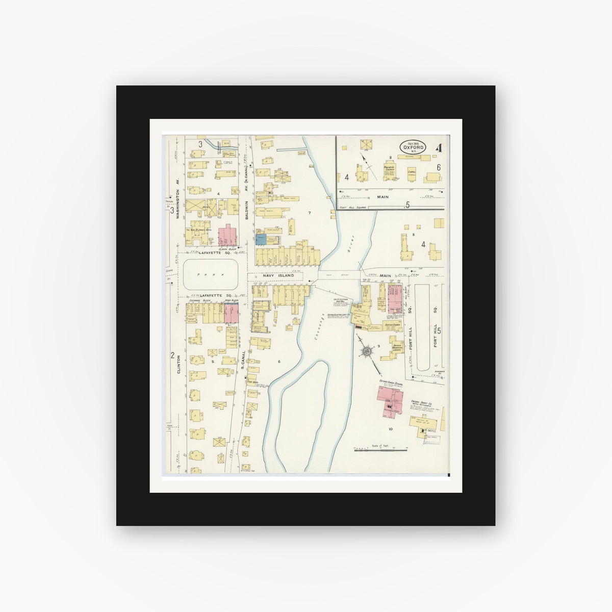 Old map wall art mockup — black gallery frame with white mat — Sanborn Fire Insurance Map from Oxford, Chenango County, New York (1910), Sheet #0004