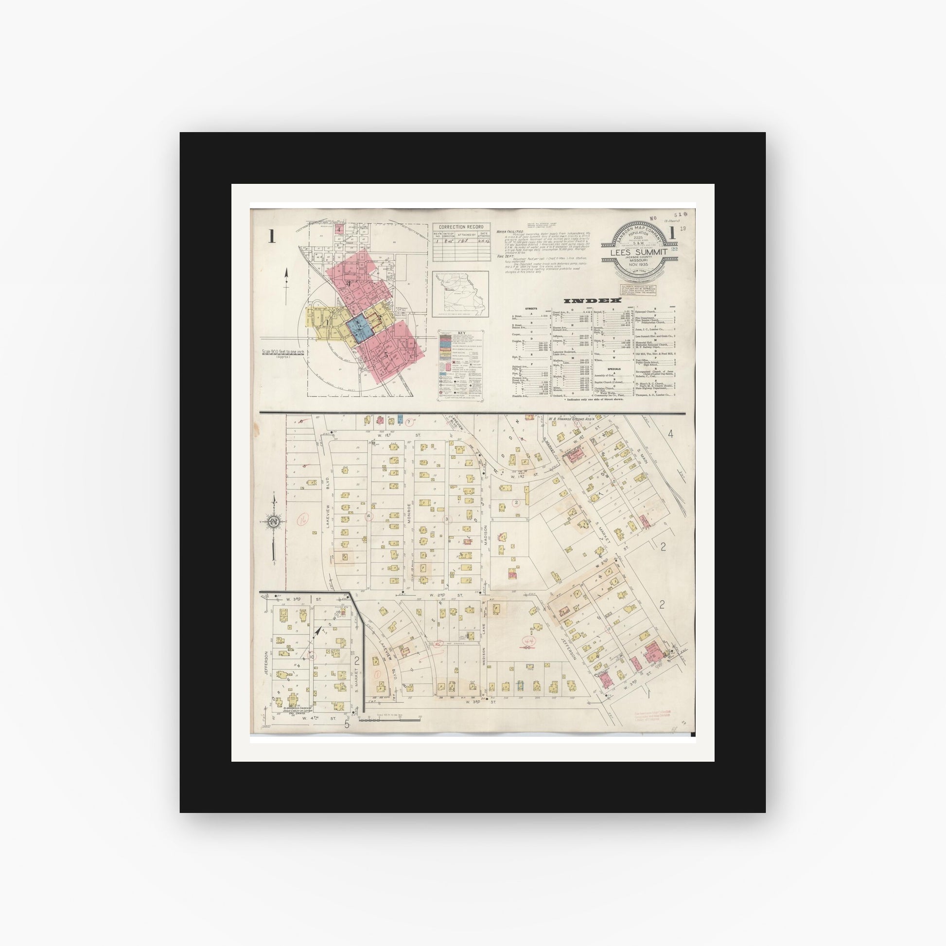 Old map wall art mockup — black gallery frame with white mat — Sanborn Fire Insurance Map from Lee's Summit, Jackson County, Missouri (1945), Sheet #0001