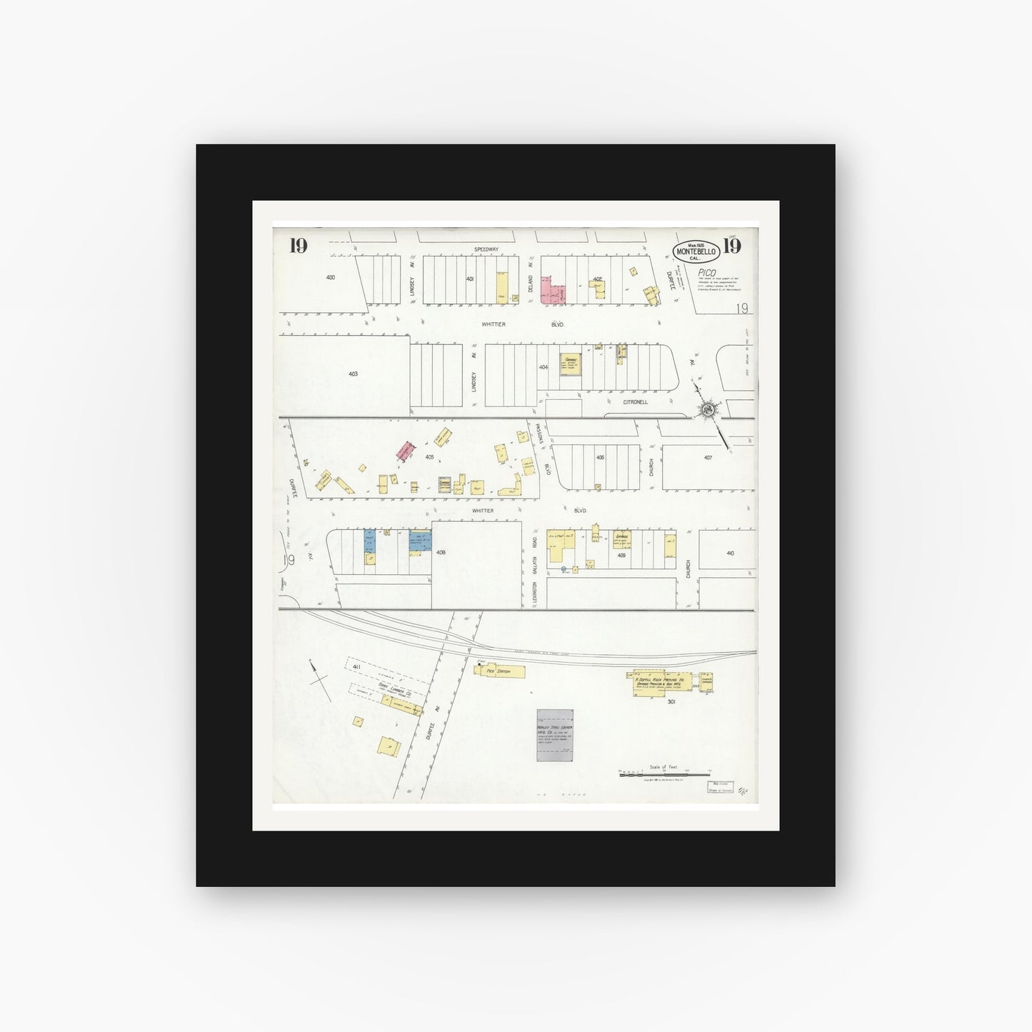 Old map wall art mockup — black gallery frame with white mat — Sanborn Fire Insurance Map from Montebello, Los Angeles County, California (1925), Sheet #0019