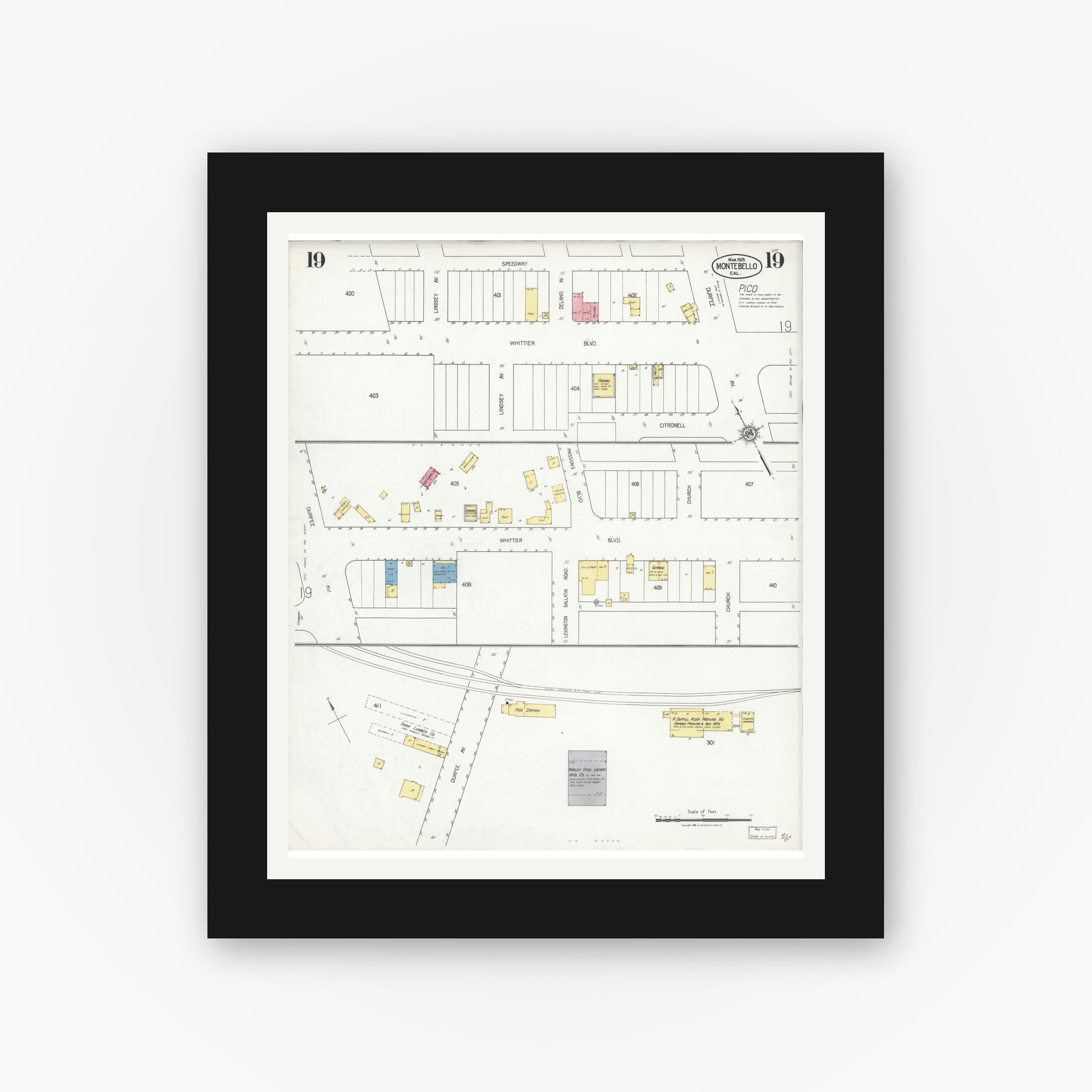 Old map wall art mockup — black gallery frame with white mat — Sanborn Fire Insurance Map from Montebello, Los Angeles County, California (1925), Sheet #0019
