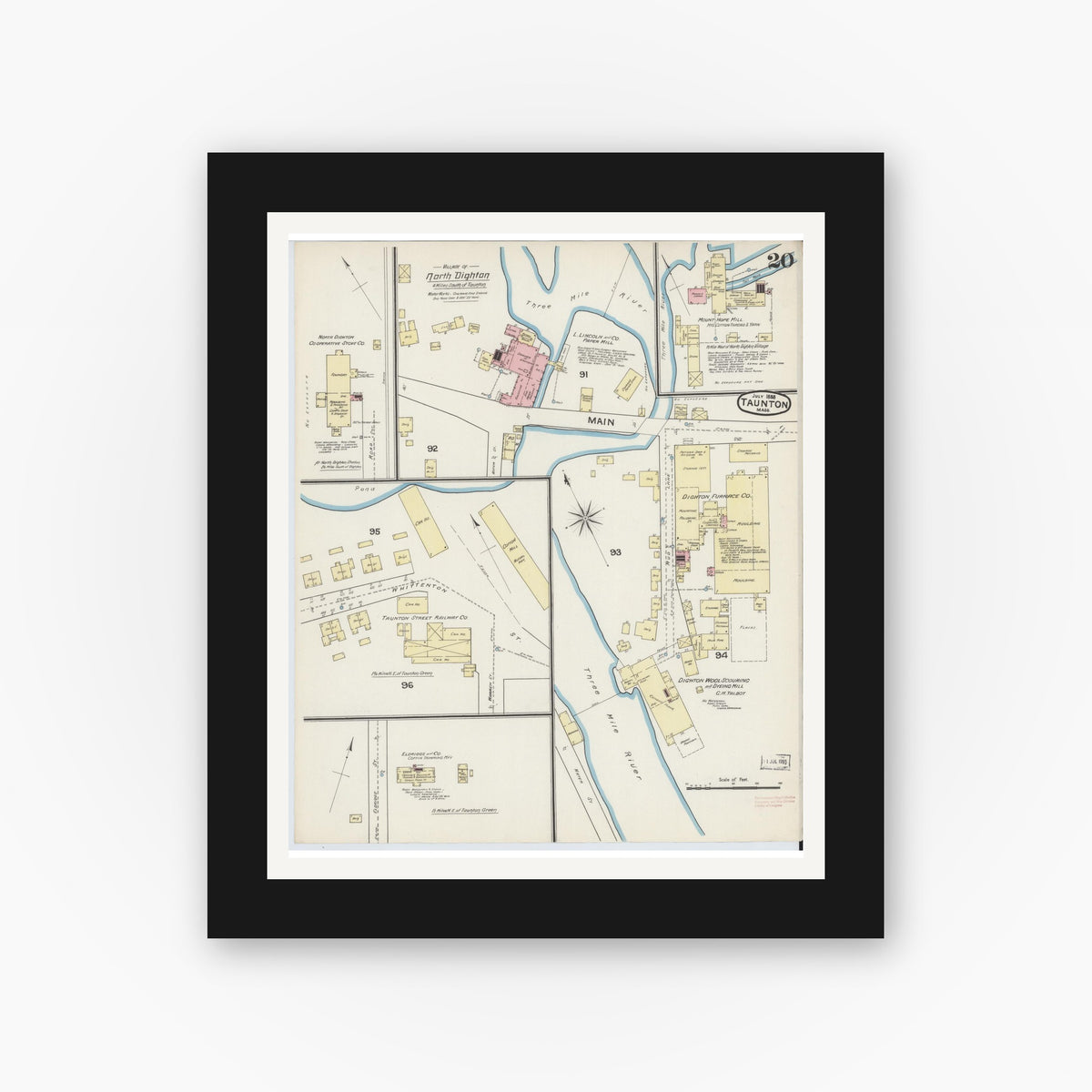 Old map wall art mockup — black gallery frame with white mat — Sanborn Fire Insurance Map from Taunton, Bristol County, Massachusetts (1888), Sheet #0020