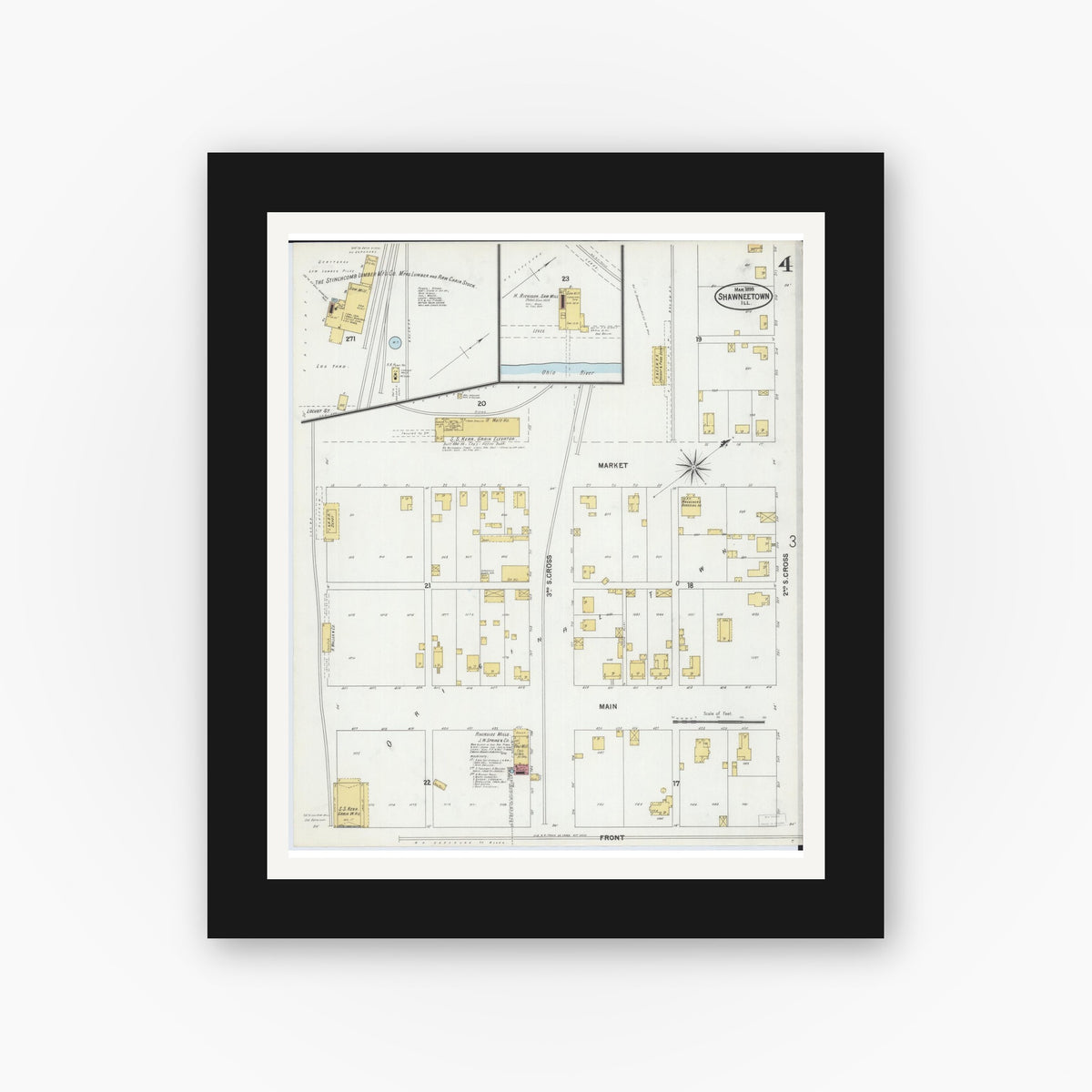 Old map wall art mockup — black gallery frame with white mat — Sanborn Fire Insurance Map from Shawneetown, Gallatin County, Illinois (1899), Sheet #0004