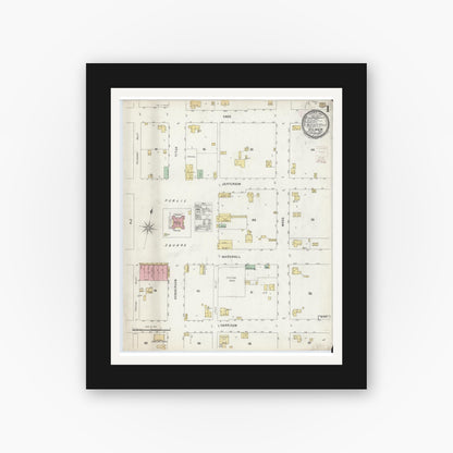 Old map wall art mockup — black gallery frame with white mat — Sanborn Fire Insurance Map from Gilmer, Upshur County, Texas (1896), Sheet #0001